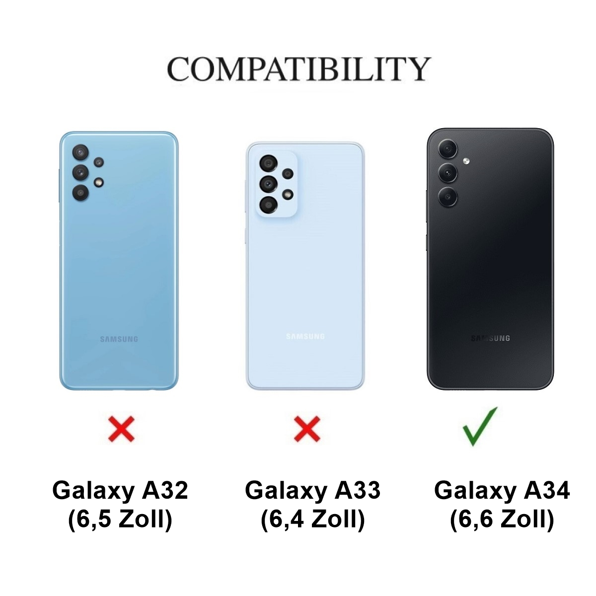 Drei Telefone nebeneinander, Kompatibilität mit Galaxy A34, nicht mit A32 oder A33.
