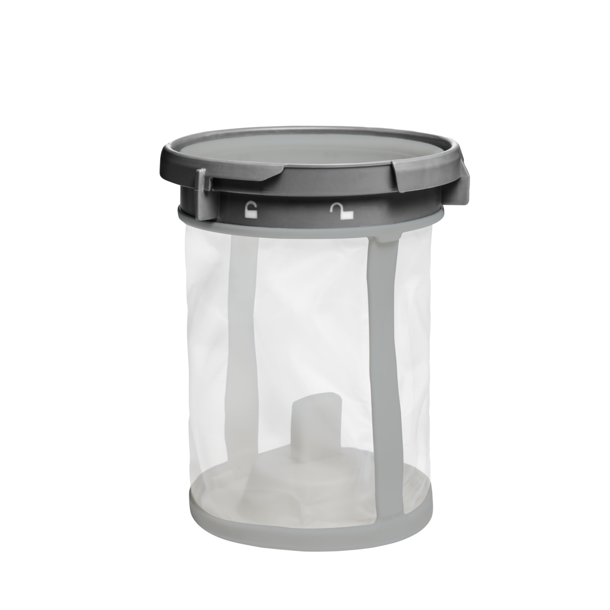 Transparenter Geschirrspülerfilter mit grauem Deckel und Boden auf schwarzem Grund.