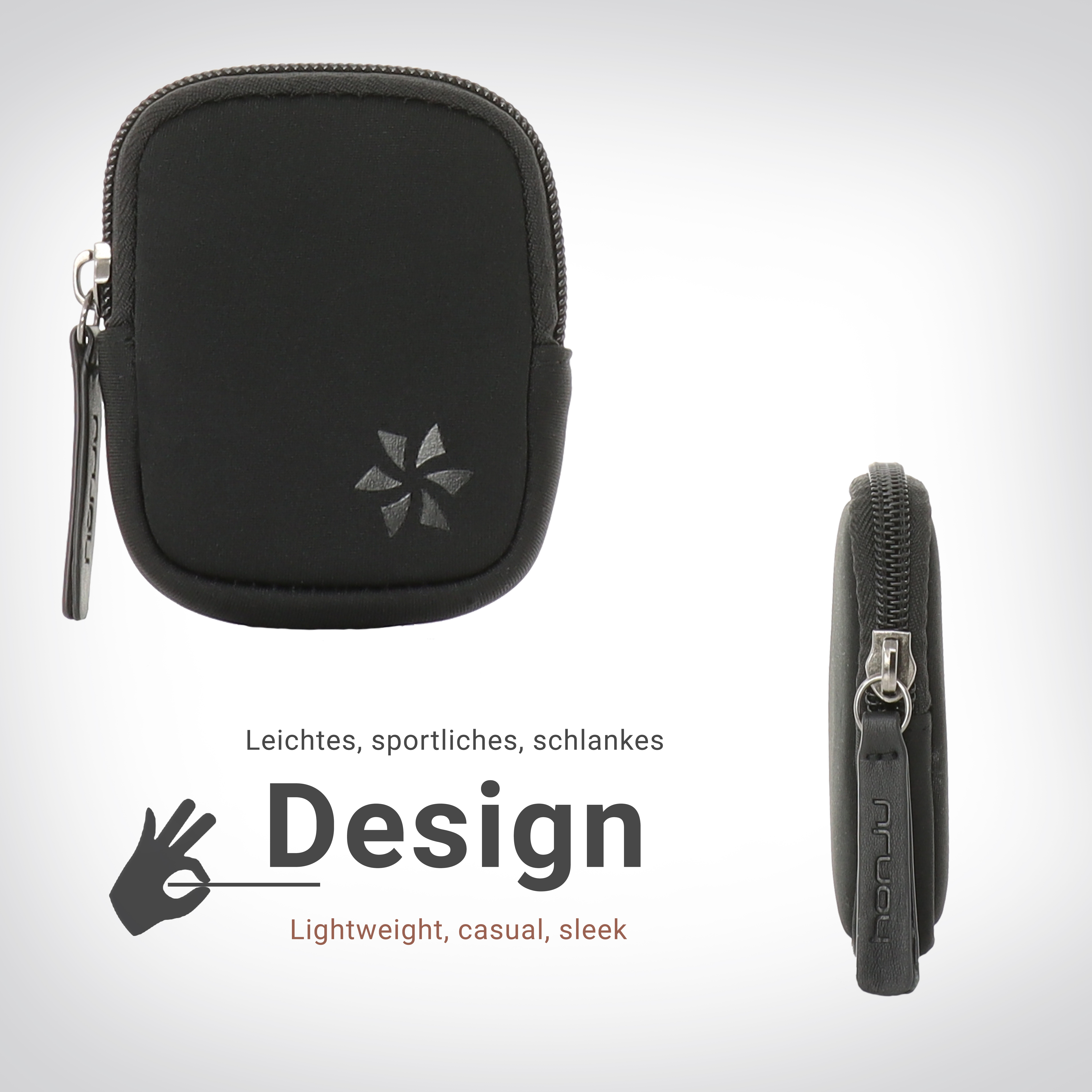 Eine schwarze Tasche mit Reißverschluss und Logo. Leichtes, lässiges, elegantes Design. Illustration einer Hand.