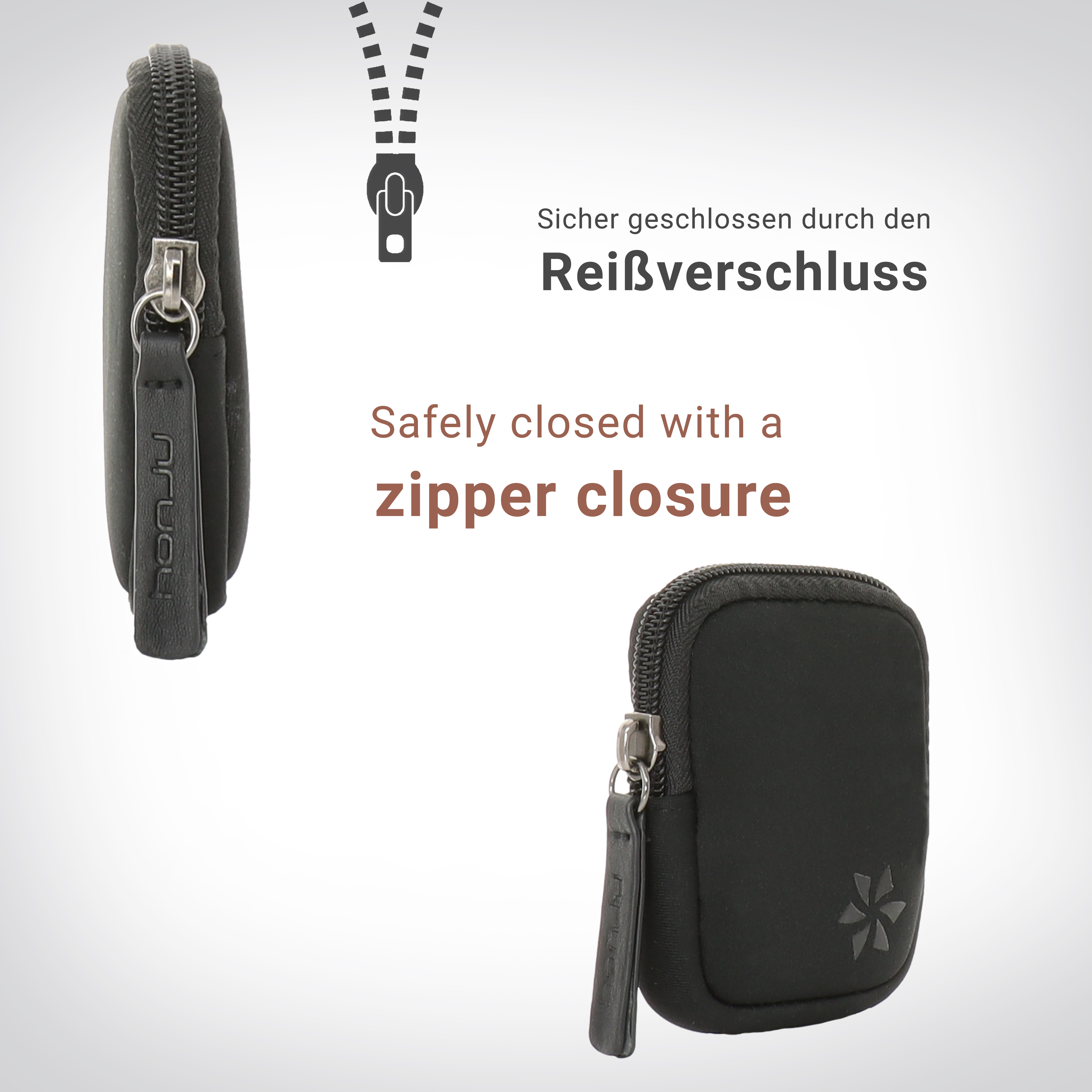Schwarze Handytasche mit Reißverschluss und Logo.