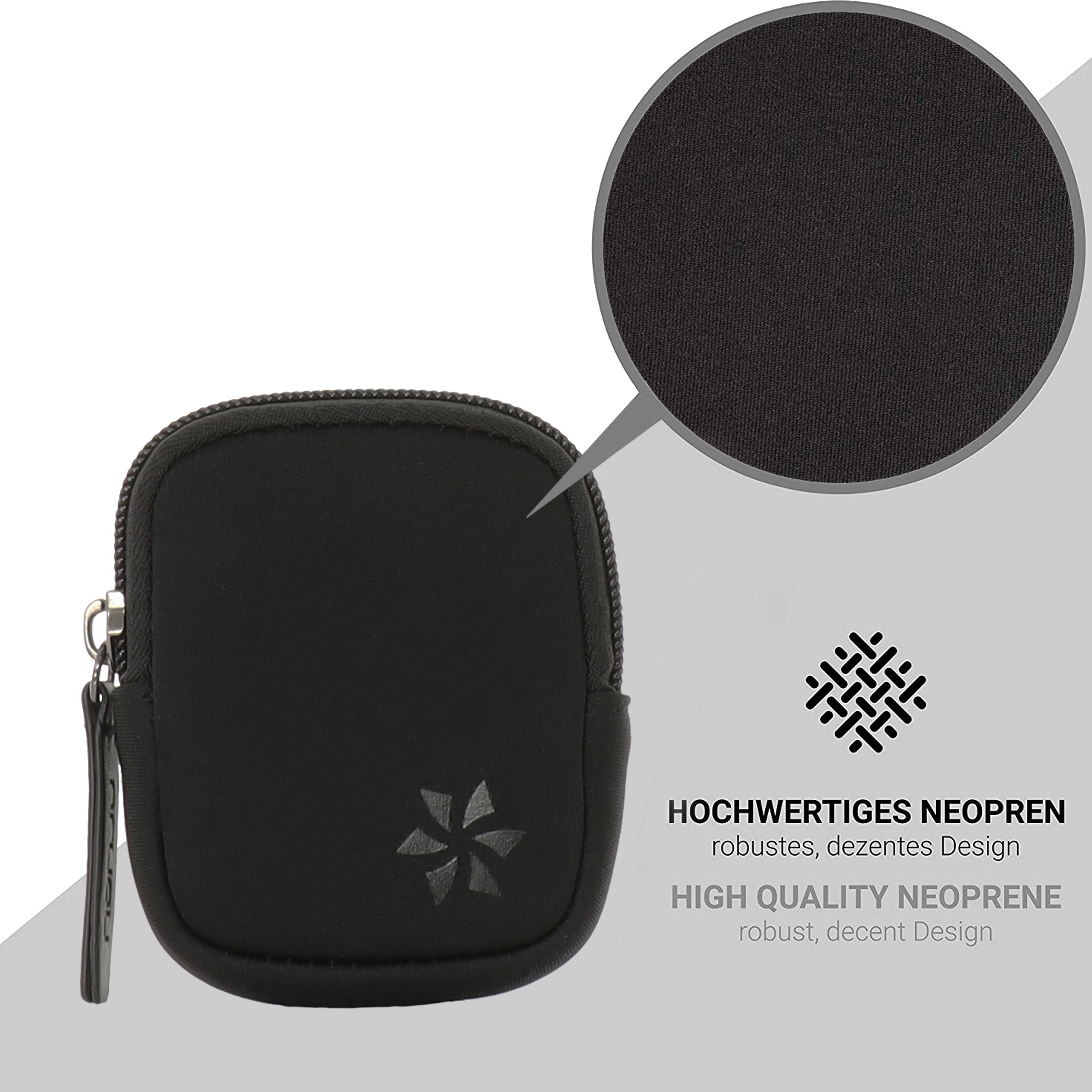 Eine schwarze Neoprentasche mit Reißverschluss, Logo und Nahaufnahme des Neoprenmaterials.