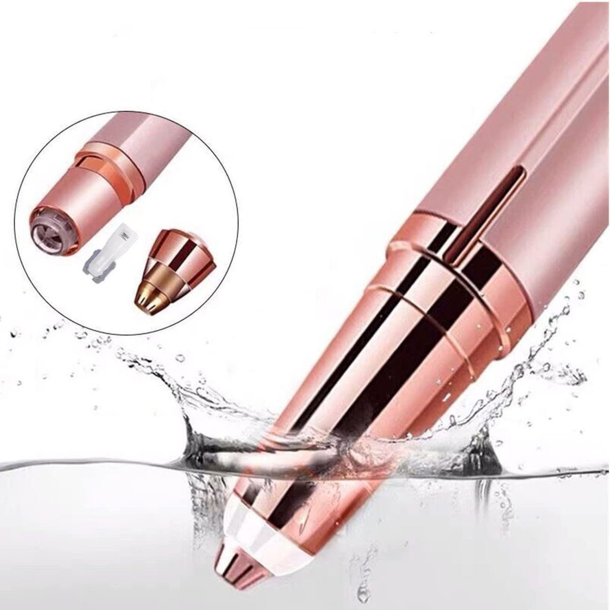 Ein roségoldener Gesichtshaarentferner mit Wasserspritzern und Detail des Kopfes.