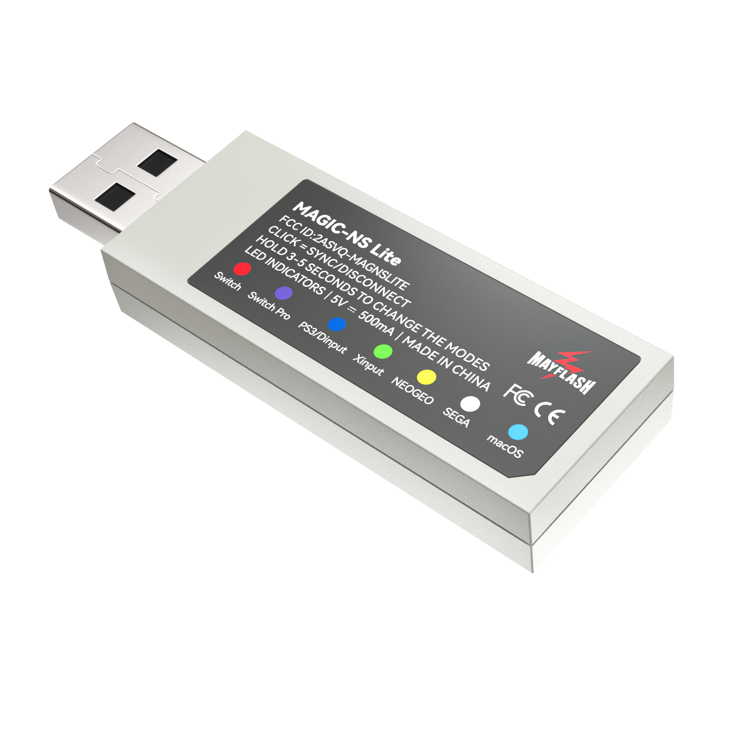 Un adaptador USB gris con el texto 'MAGIC-NS Lite' y varios indicadores de modo.