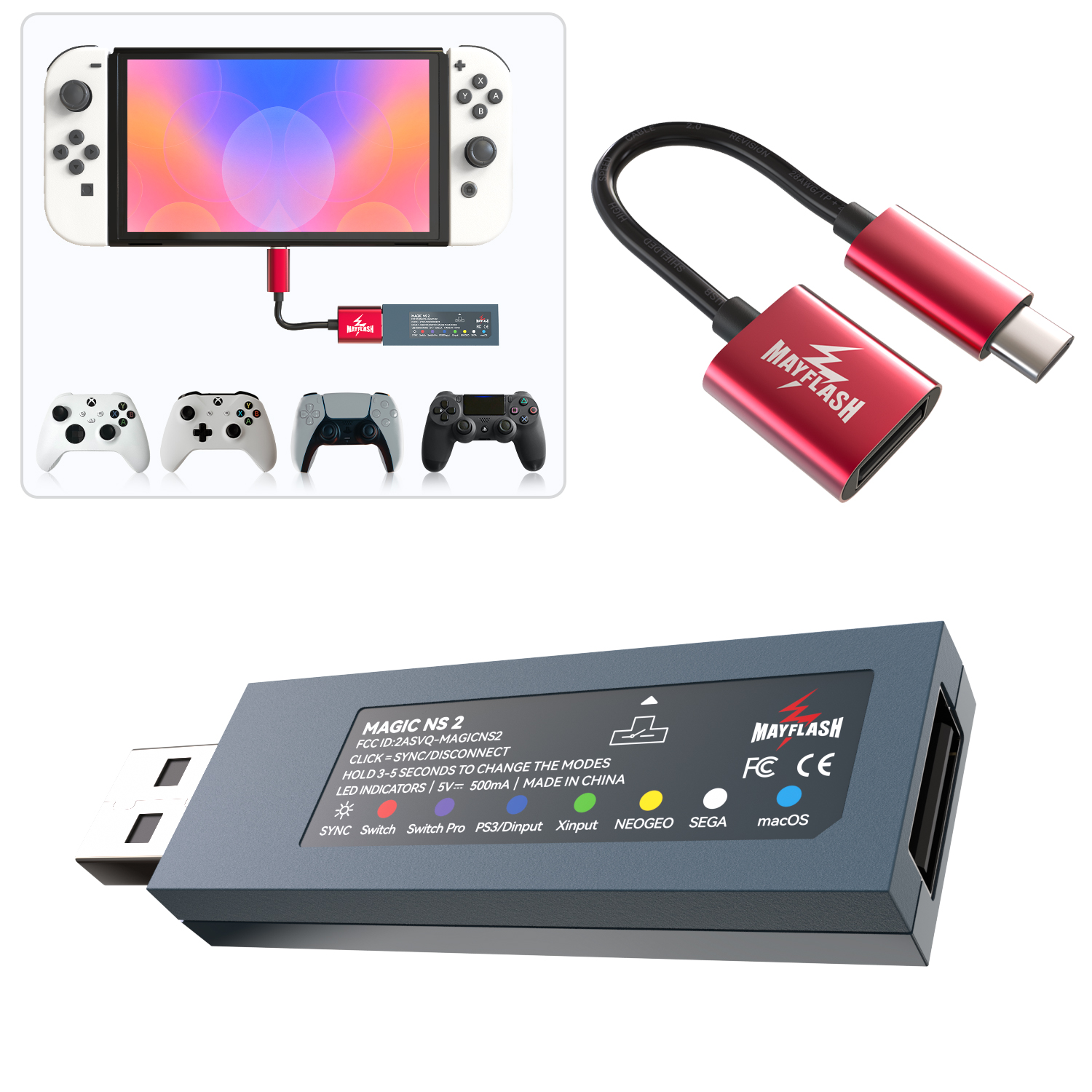 Accesorios de consola de juegos: Switch conectado a una base, mandos y un adaptador Mayflash.