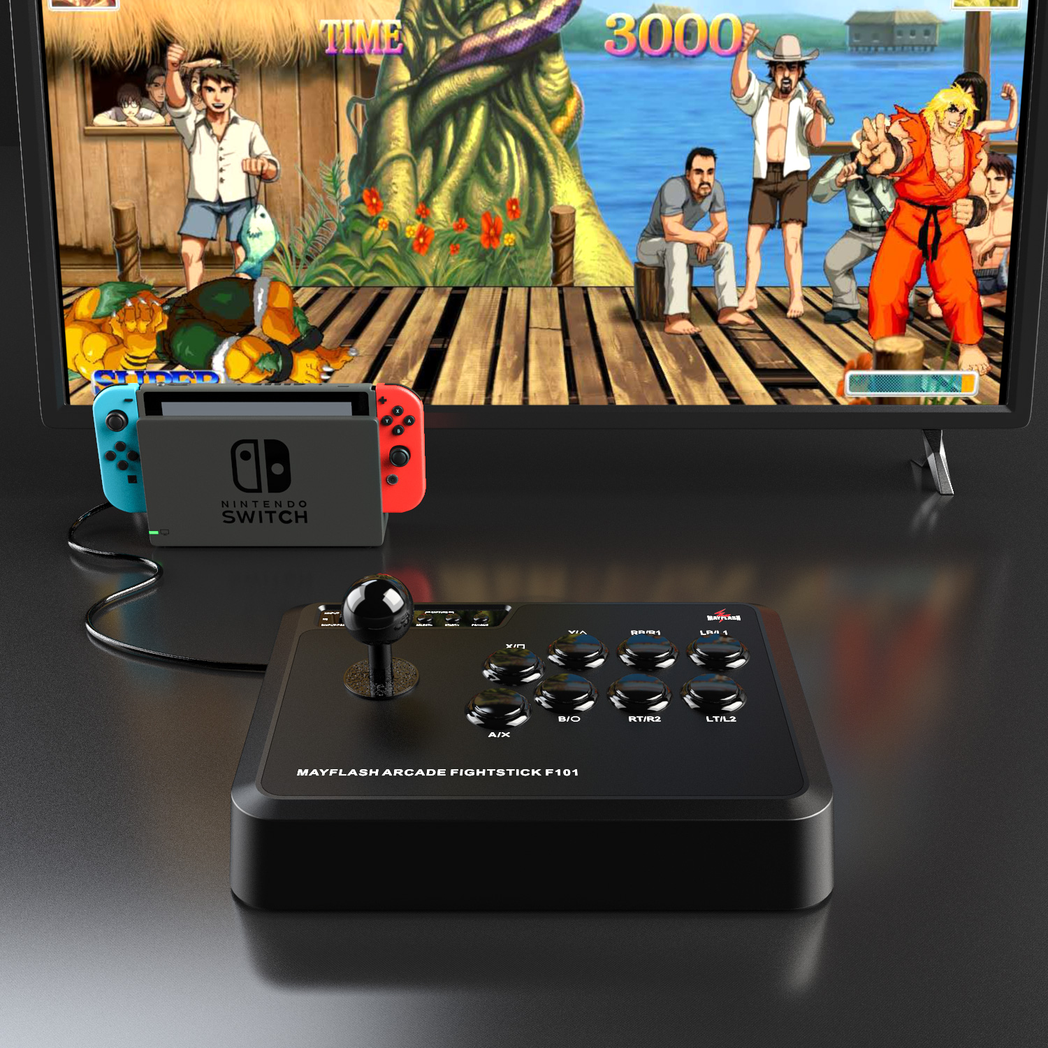 Mando de lucha arcade, consola Nintendo Switch y un televisor mostrando una escena de juego de lucha.
