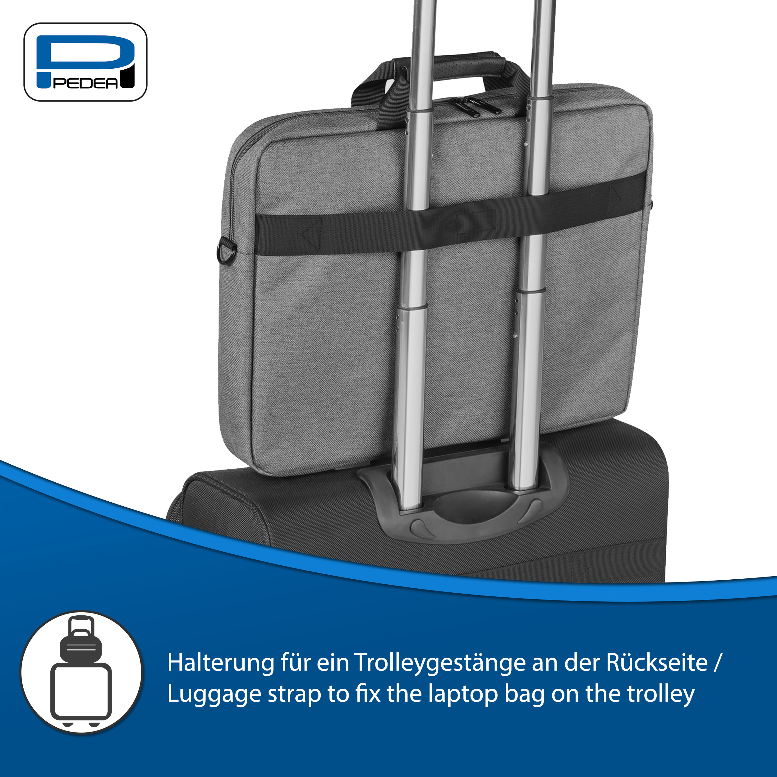 Una borsa grigia per laptop sopra una valigia nera. La borsa ha una cinghia per fissarla al trolley.