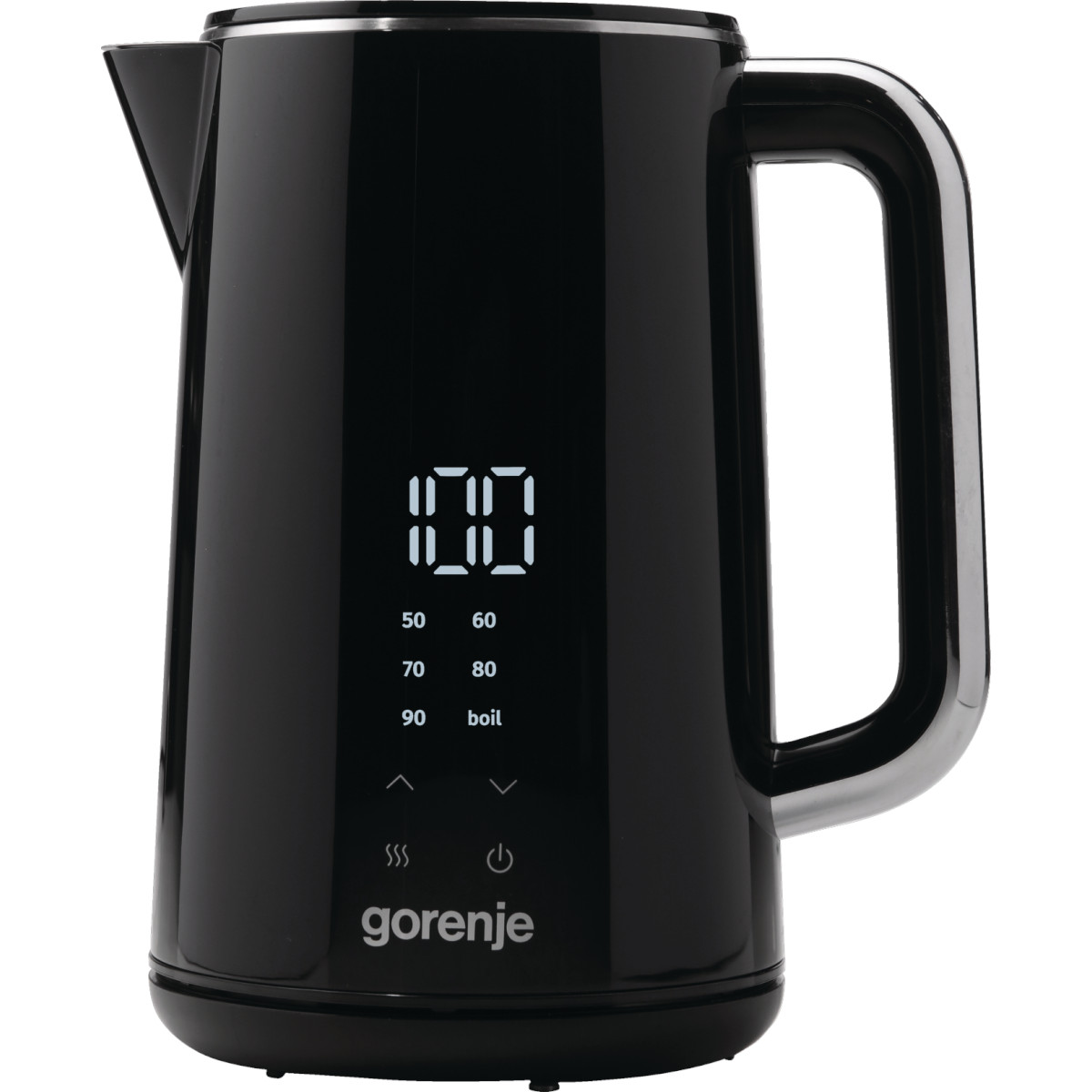 Schwarzer Wasserkocher mit Digitalanzeige und silbernem Griff.
