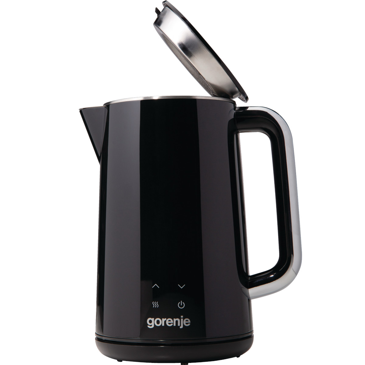 Schwarzer elektrischer Wasserkocher mit offenem Deckel. Text: gorenje. Der Wasserkocher steht auf weißem Grund.