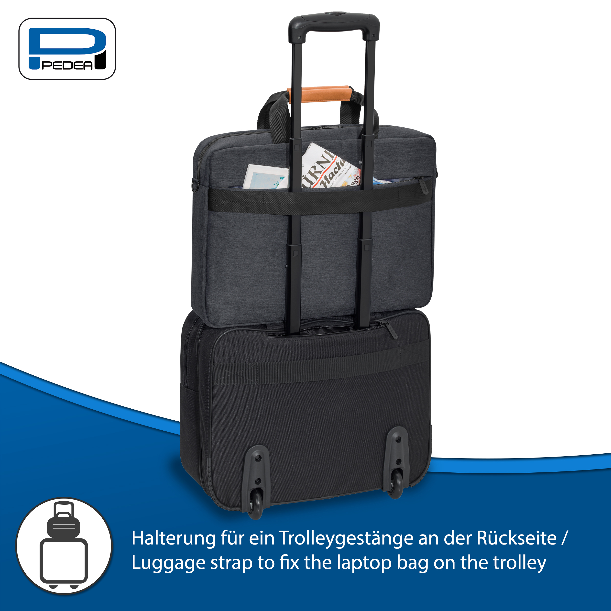 Schwarze Laptoptasche mit Trolley-Befestigung auf der Rückseite, mit Pedea-Logo und einer zweiten Tasche oben.