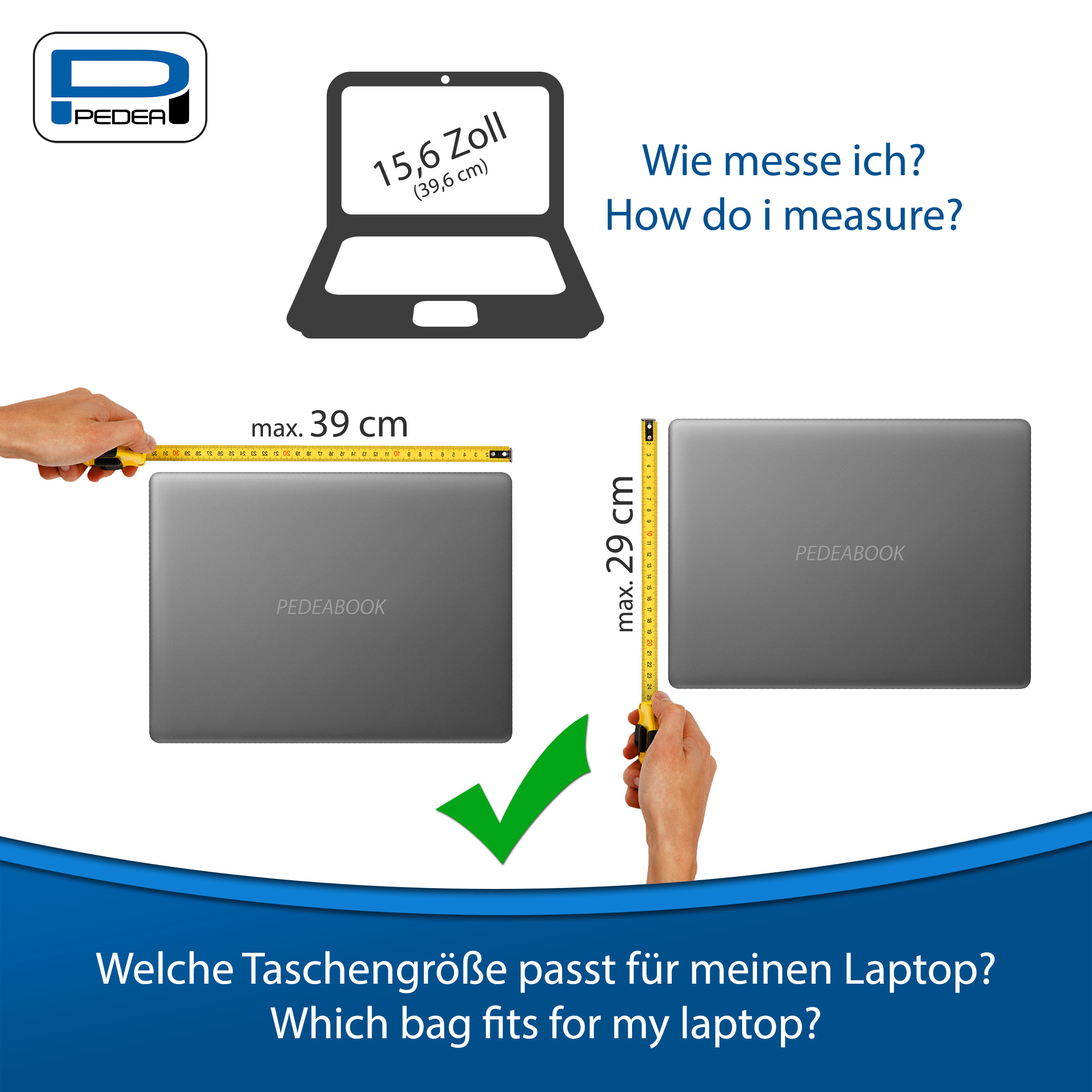 Guida alla misurazione del laptop, con un laptop e un righello. Il segno di spunta verde indica la dimensione corretta.