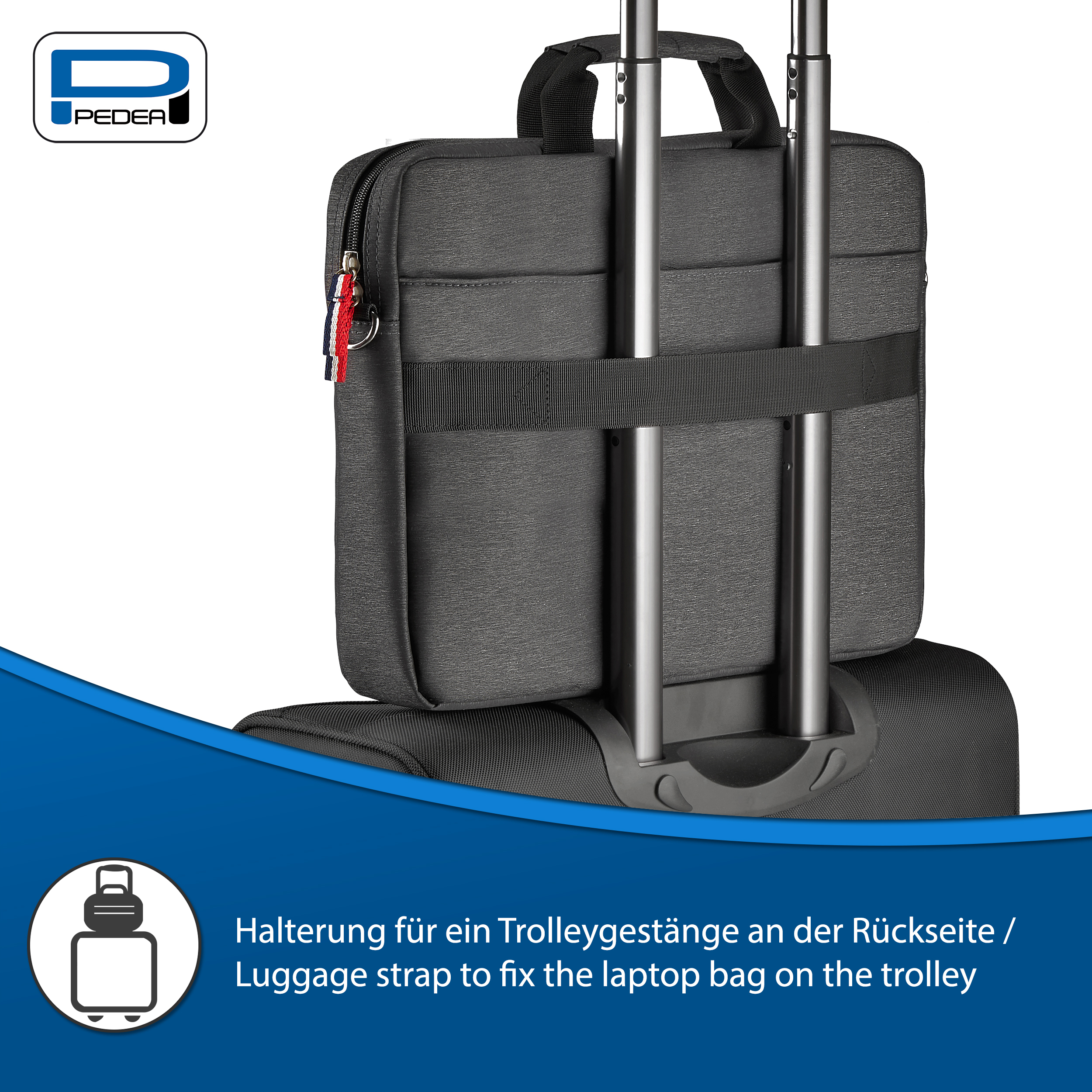 Borsa per laptop su un trolley con cinghia per bagagli, con logo in alto a sinistra.