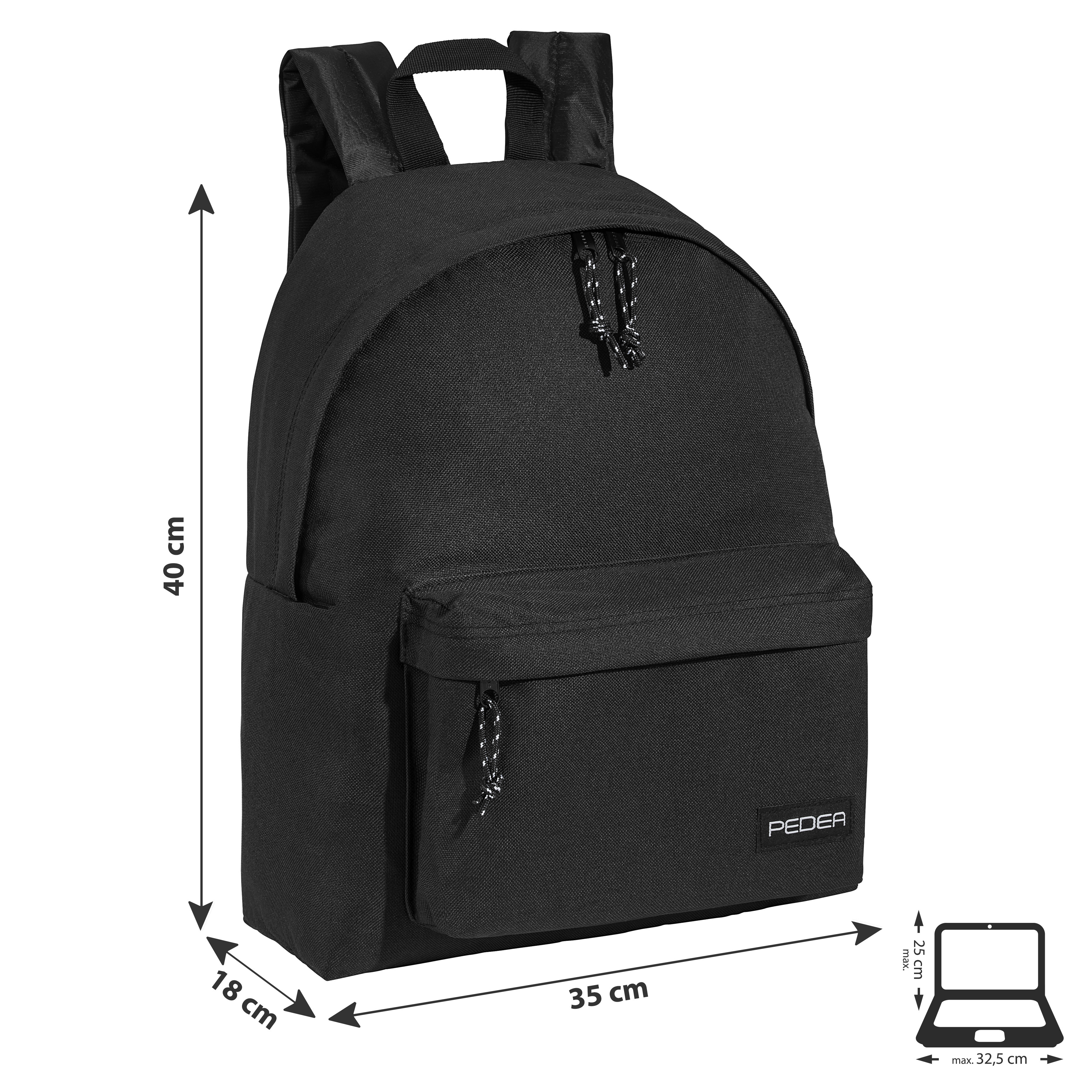 Schwarzer Rucksack mit Maßen, zeigt Abmessungen von 40 cm, 18 cm und 35 cm.