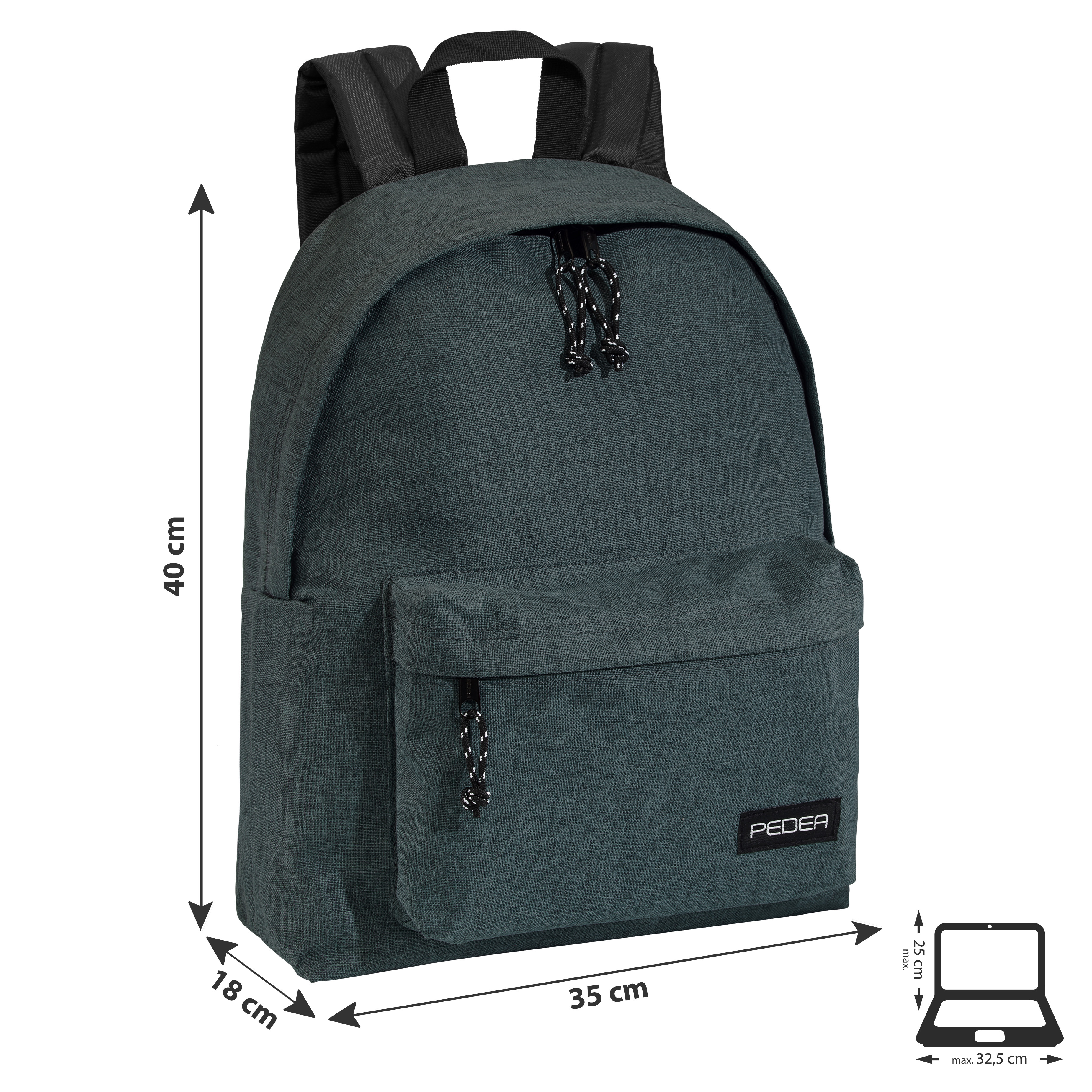 Dunkelgrüner Rucksack mit Maßen: 40x35x18 cm.