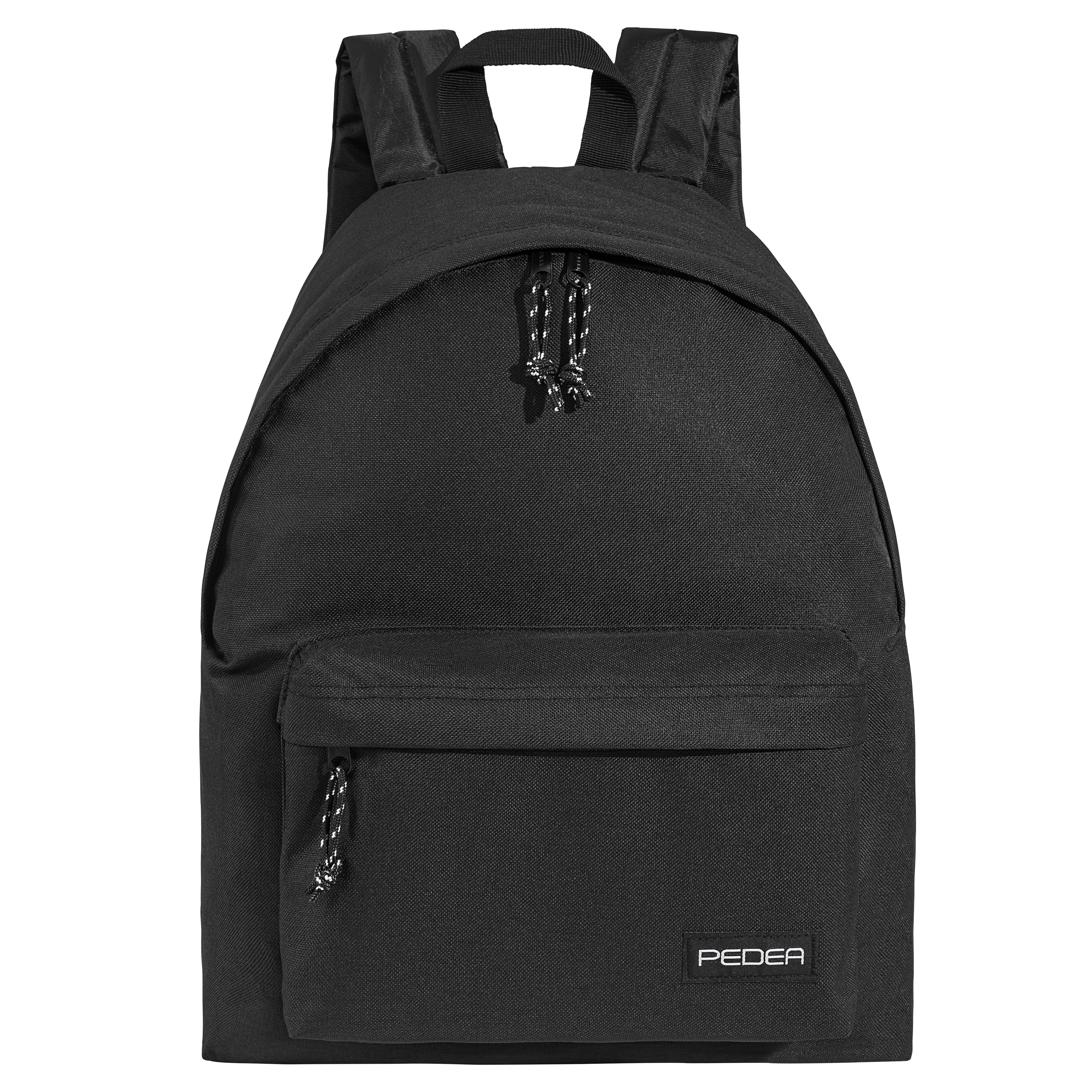 Ein schwarzer Rucksack mit einer Vordertasche und einem oberen Griff. Der Markenname ist sichtbar.