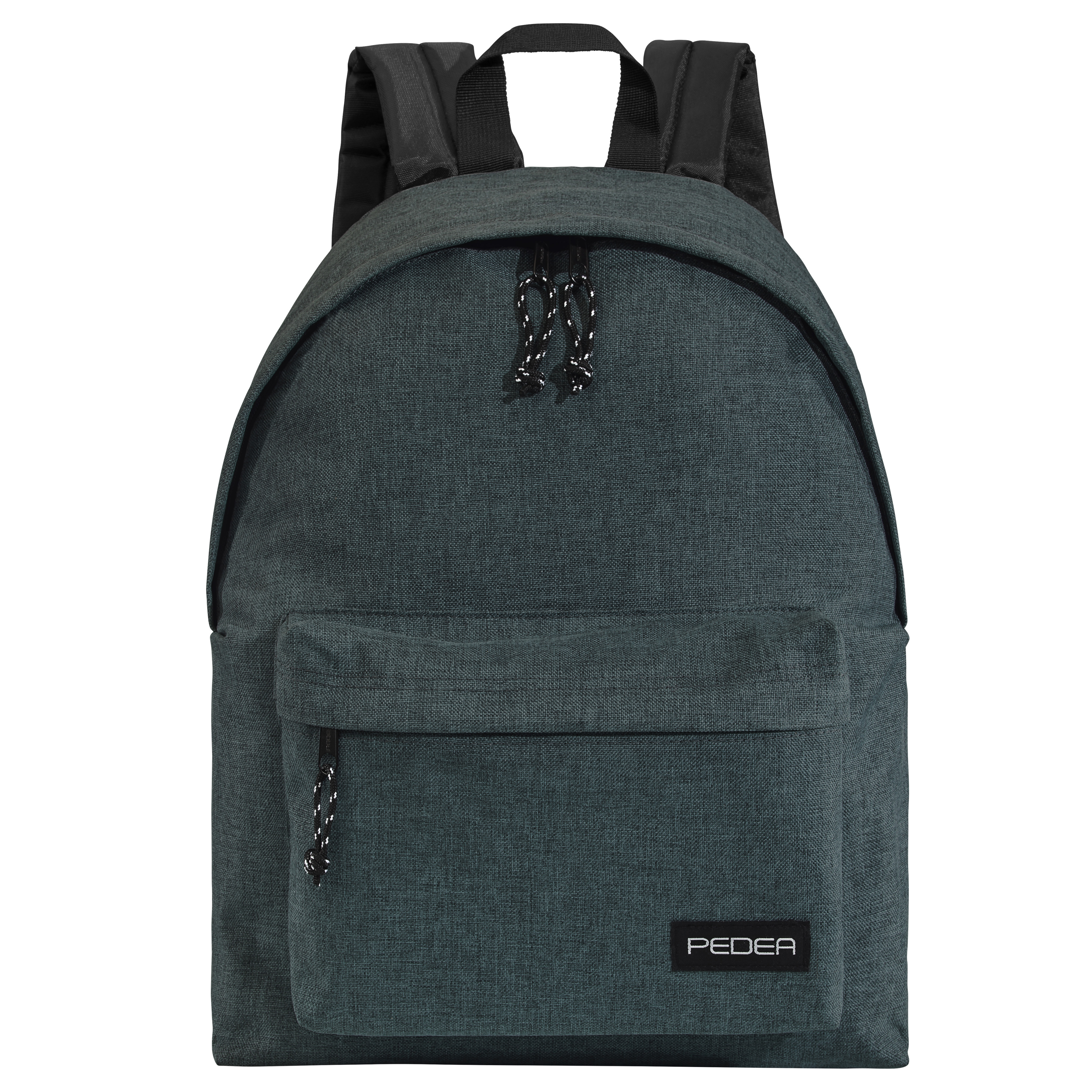 Dunkelgrauer Rucksack mit Vordertasche und Pedea-Logo.