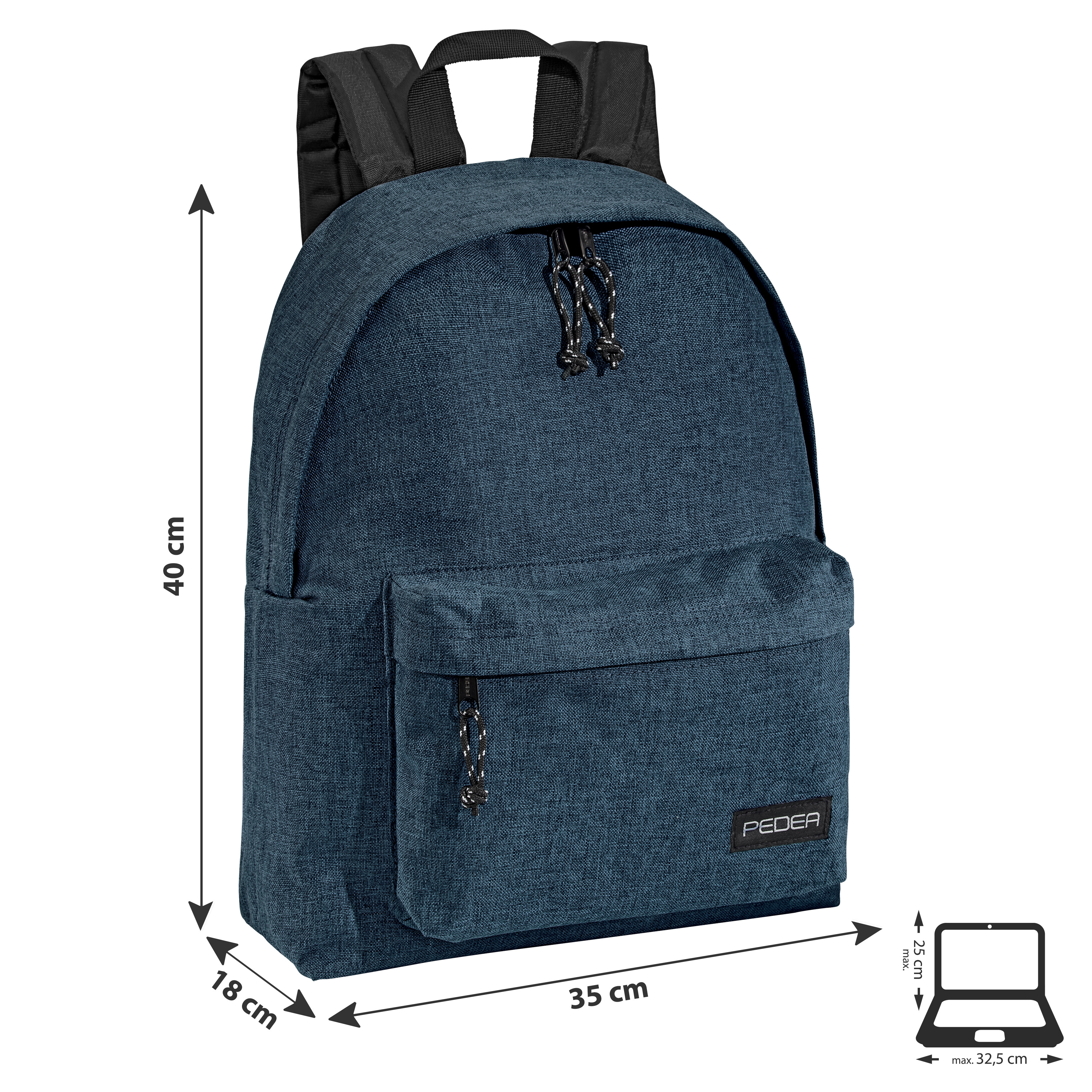 Blauer Rucksack mit den Maßen: 40 cm Höhe, 18 cm Breite und 35 cm Länge.