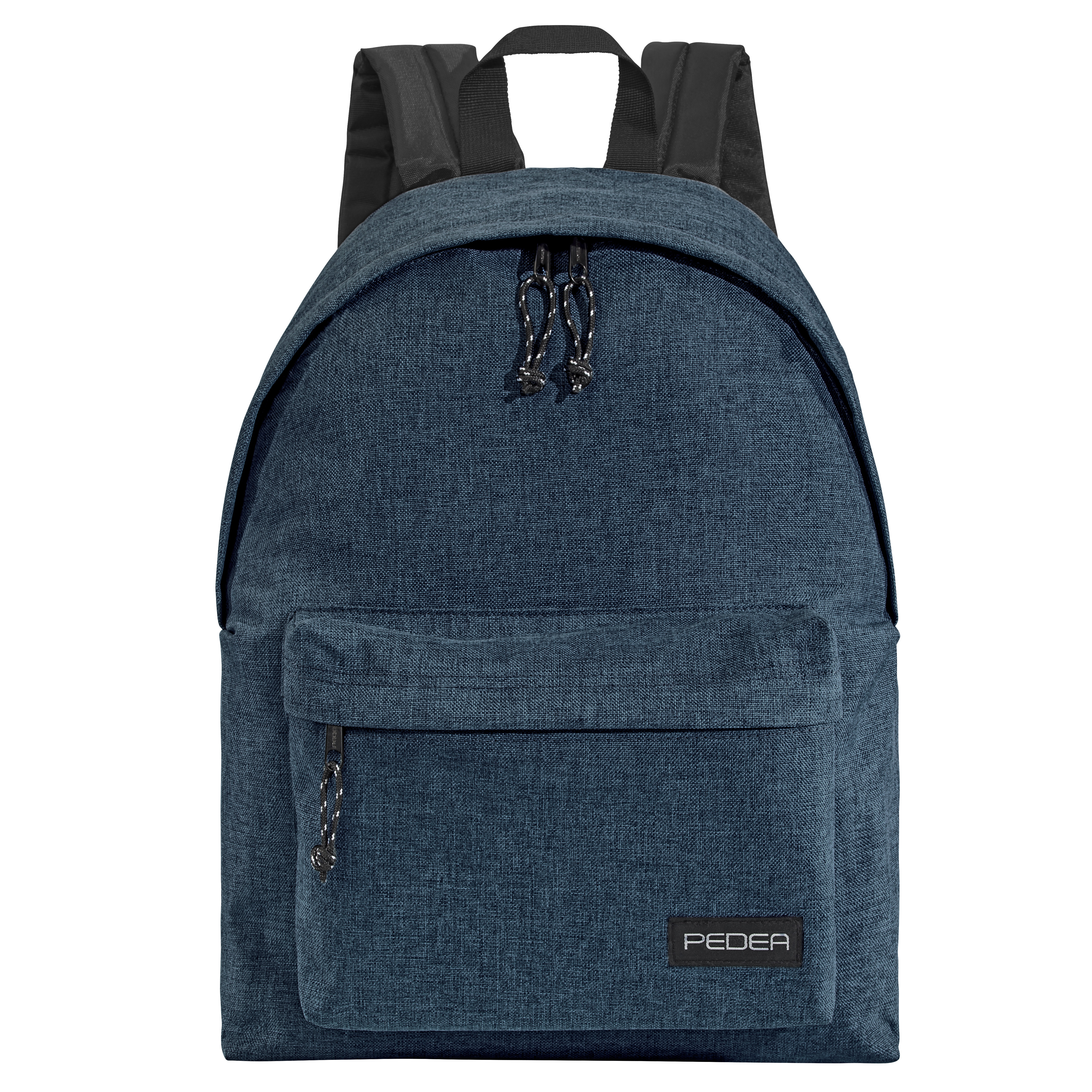Blauer Rucksack mit Fronttasche, schwarzem Tragegriff und dem Markennamen 'PEDEA'.