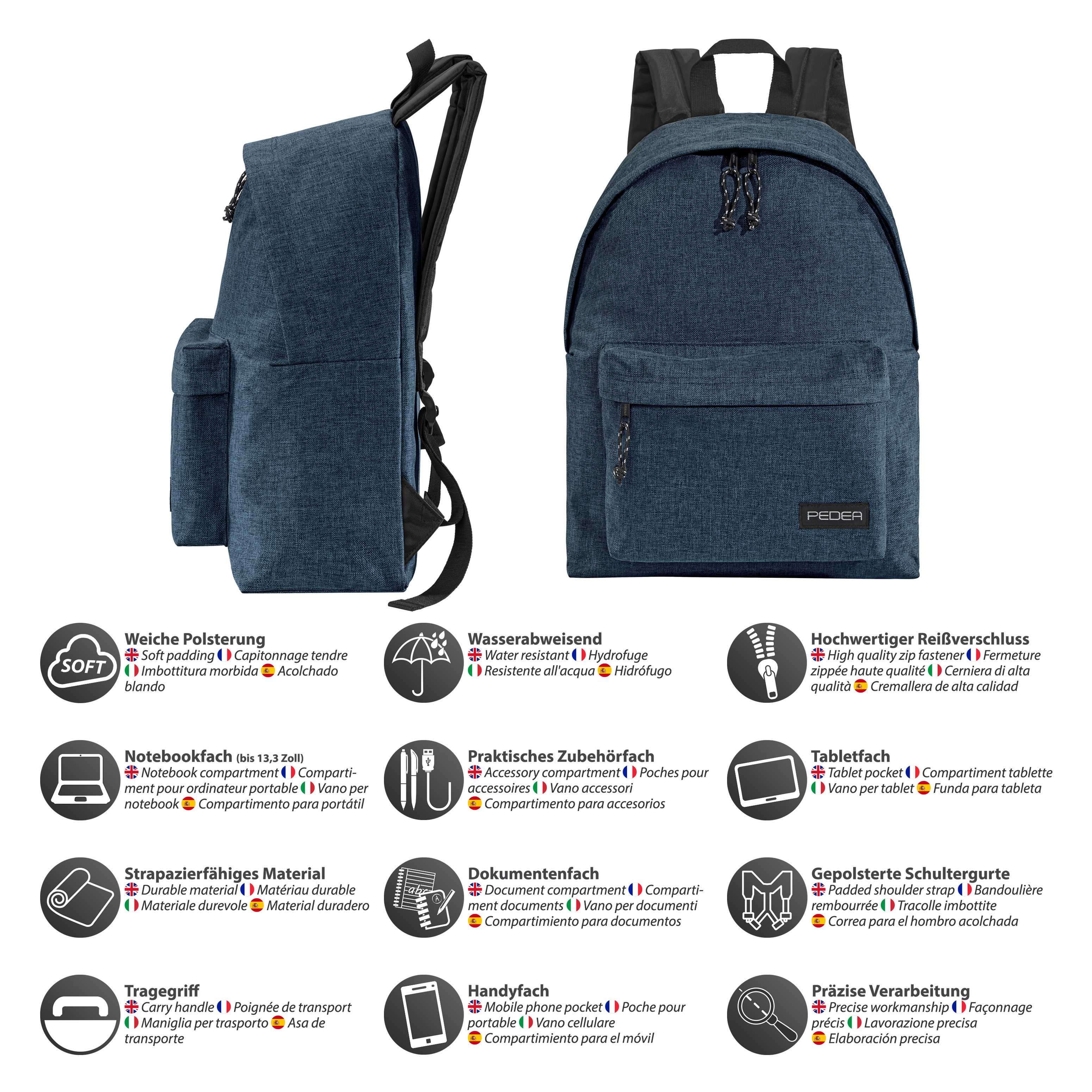 Ein blauer Rucksack mit mehreren Taschen und Funktionen, mit einer Diagrammdarstellung.