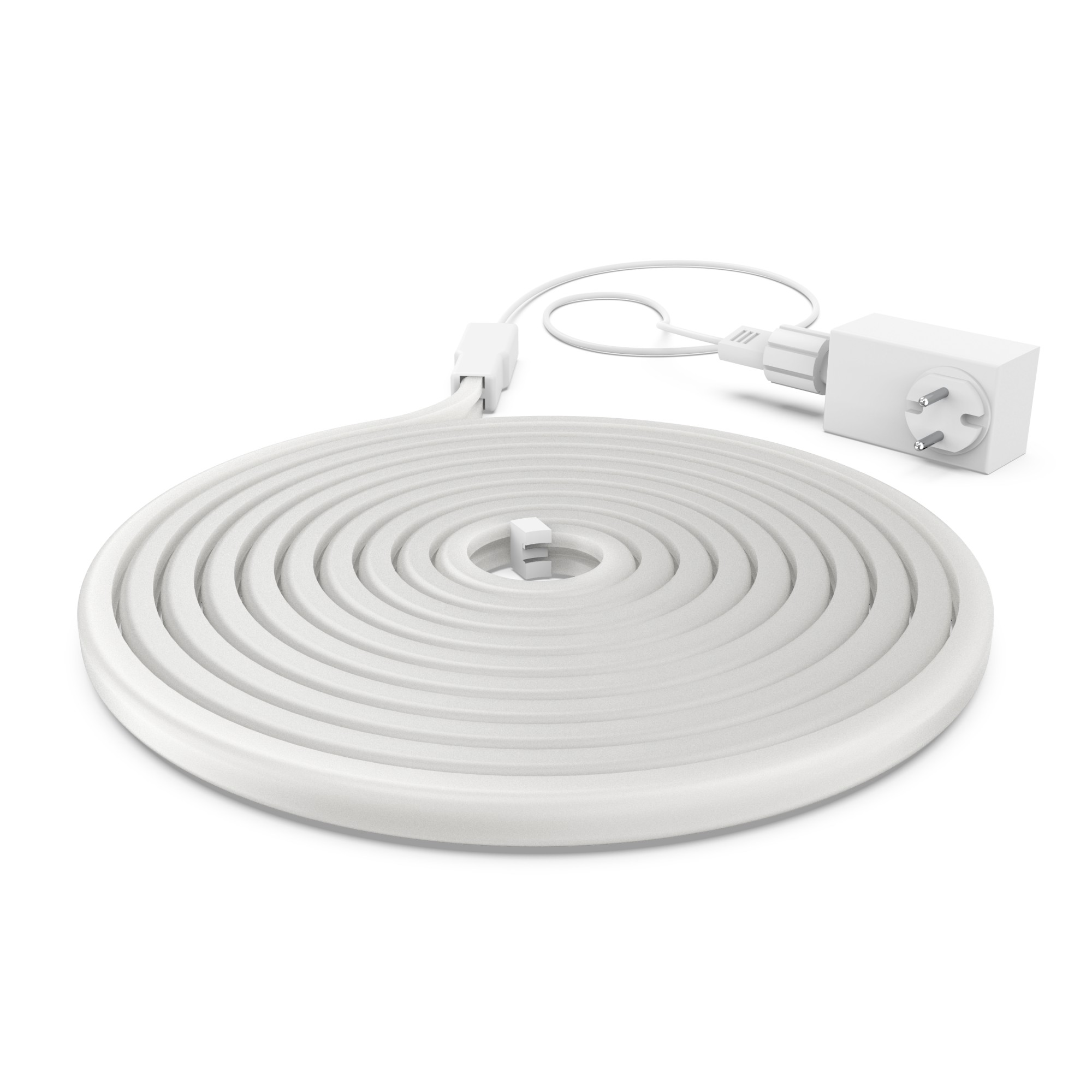 Weiße LED-Lichtleiste und weißer Stecker. Der Stecker hat ein Dreizack-Design.
