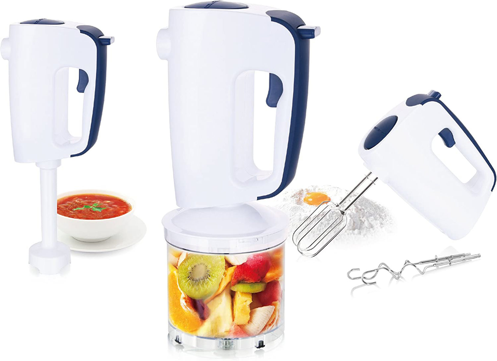 Ein Stabmixer mit drei Aufsätzen, eine Schüssel Suppe und Obst in einem Behälter.