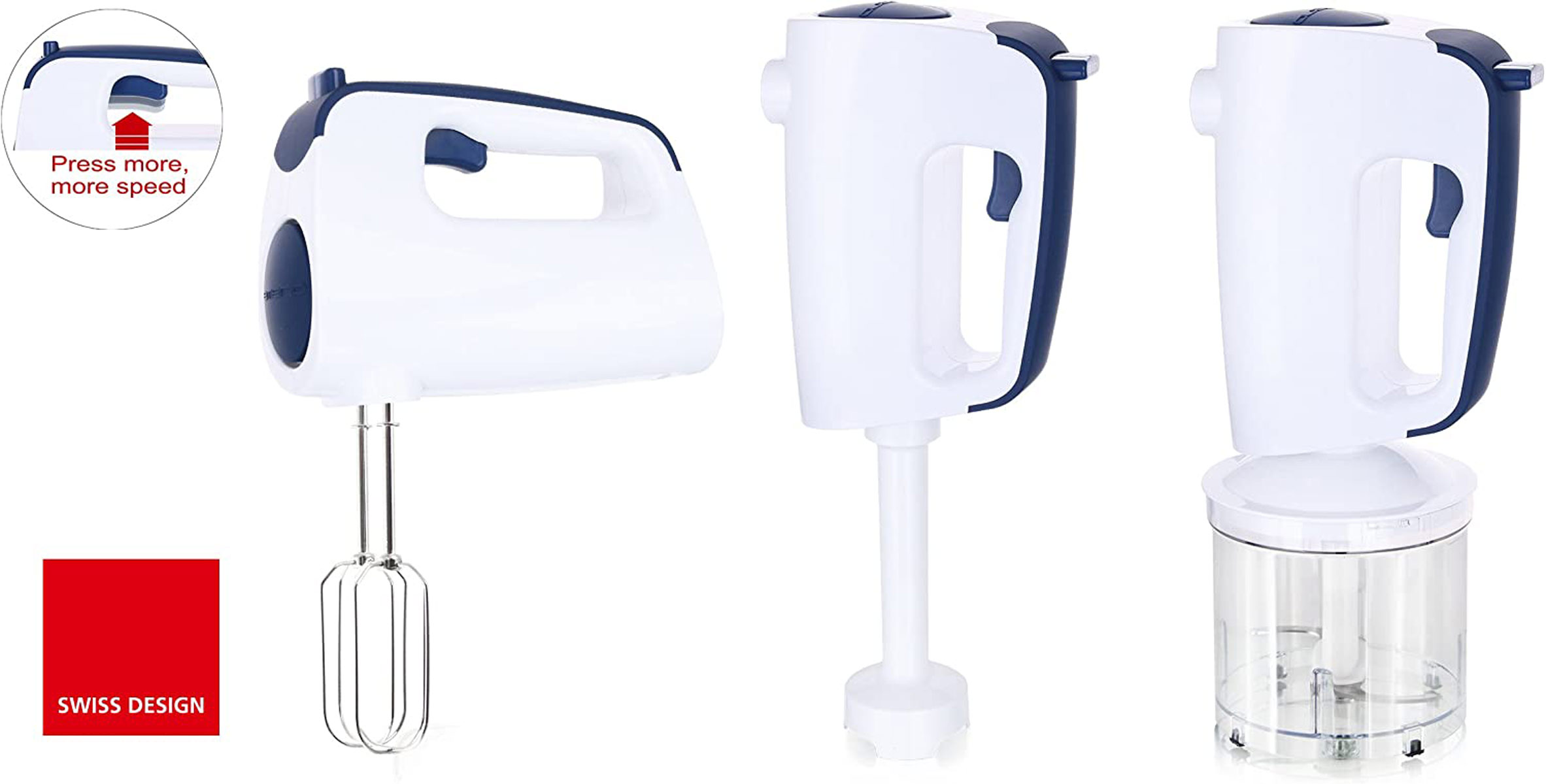 Weißer und blauer Handmixer mit drei verschiedenen Aufsätzen.