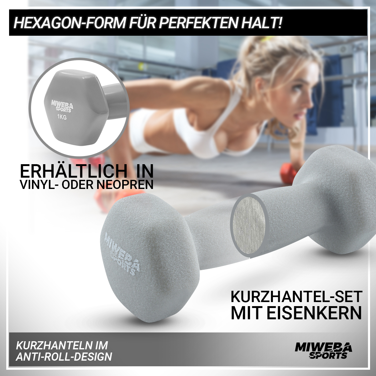 Eine Frau trainiert mit grauen Kurzhanteln. Text bewirbt das Anti-Roll-Design der Gewichte.