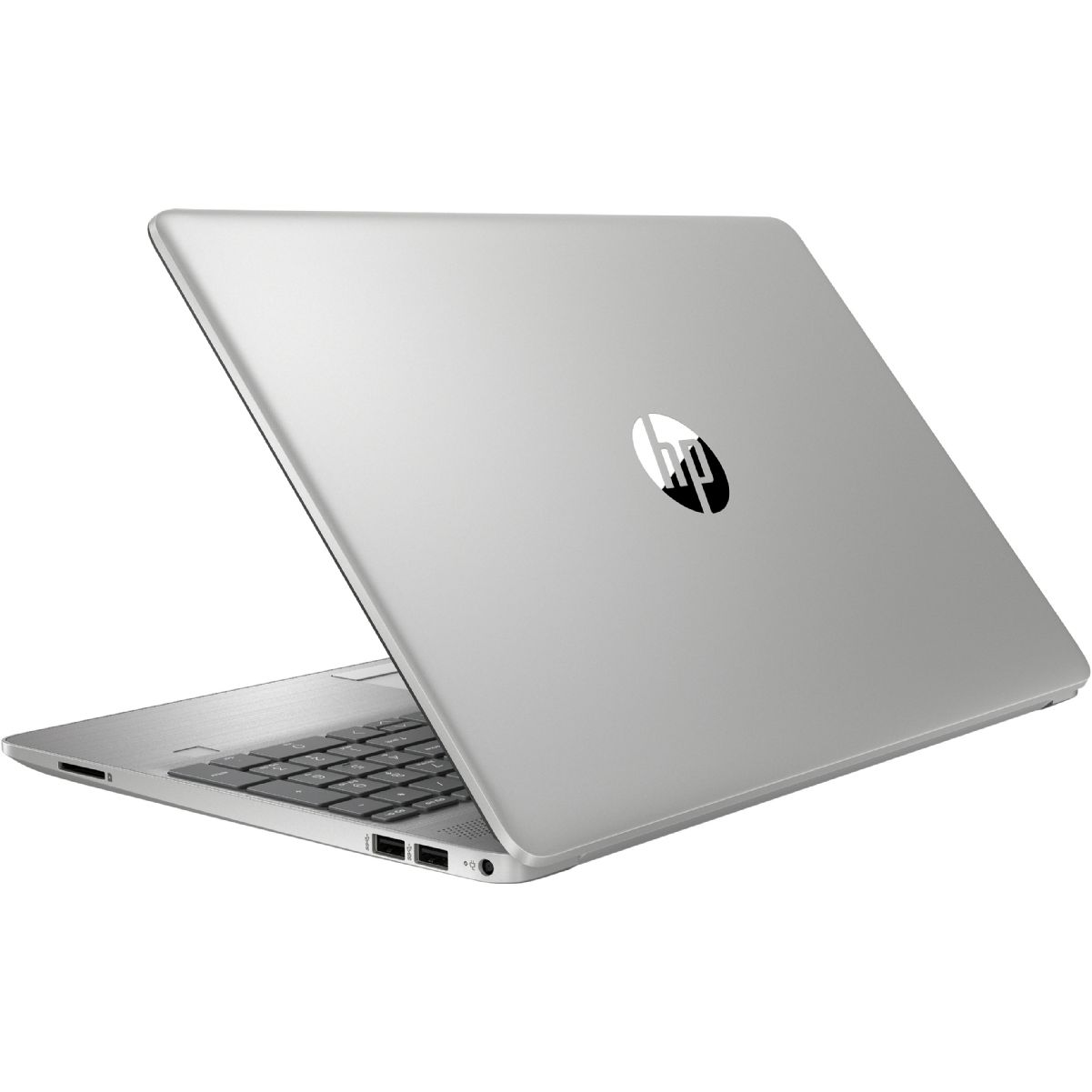 Ordenador portátil plateado cerrado, mostrando la parte superior con el logotipo de HP. Teclado negro.