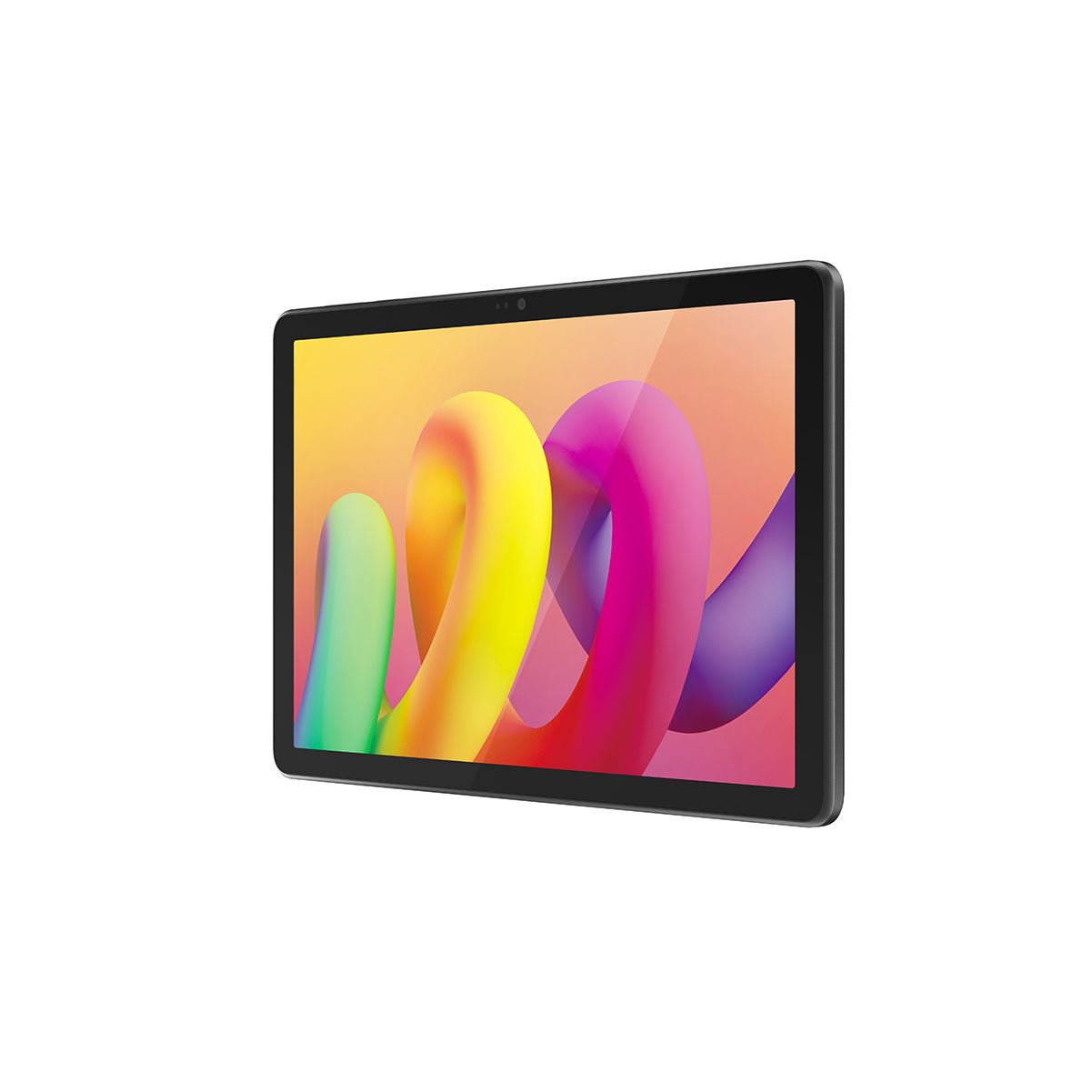 Tablet con un design astratto colorato sullo schermo, cornice nera e fotocamera frontale.