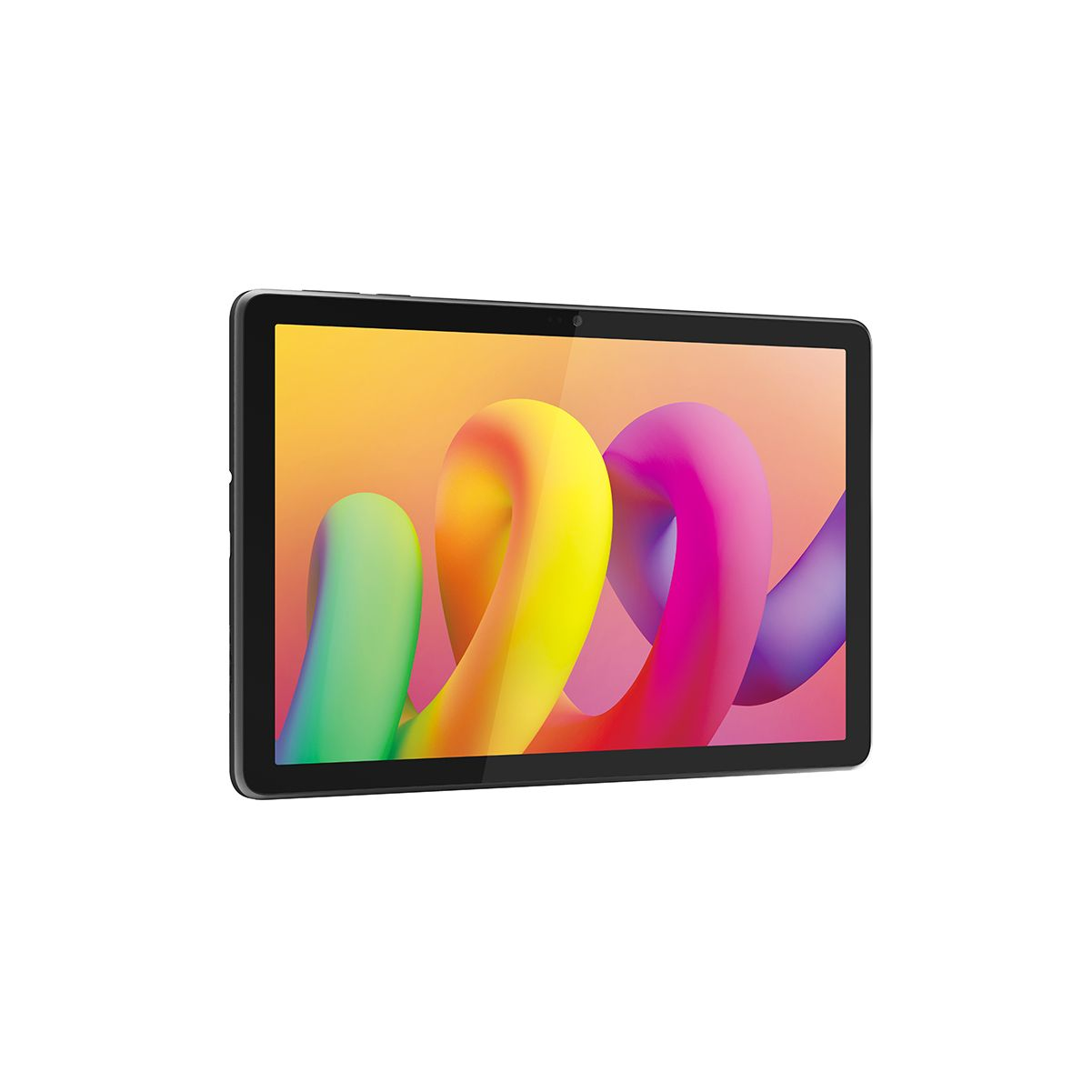 Un tablet nero con uno sfondo astratto colorato è visualizzato su una superficie bianca.