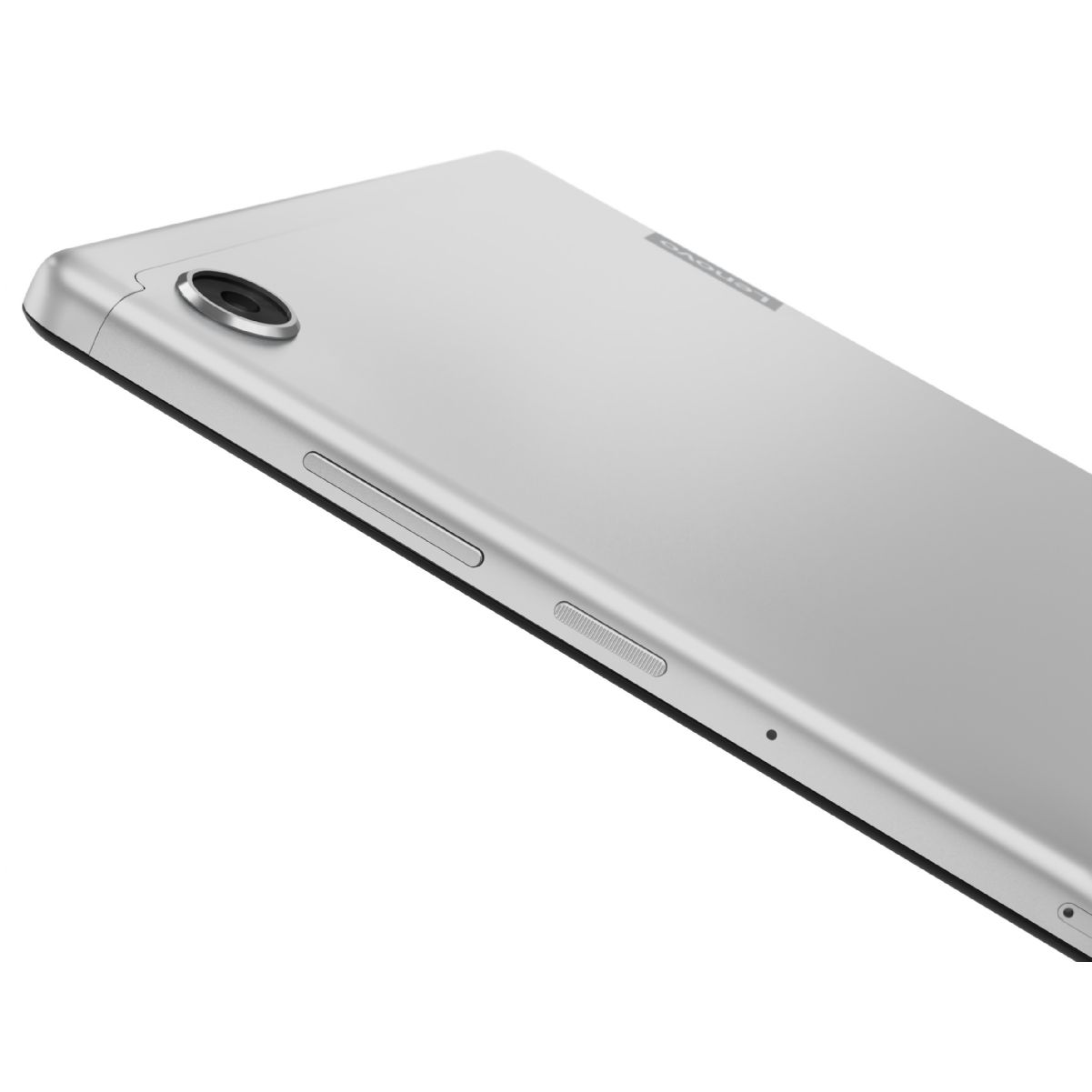 Ein silbernes Tablet, abgewinkelt, zeigt die Kamera, Tasten und das Lenovo-Logo.