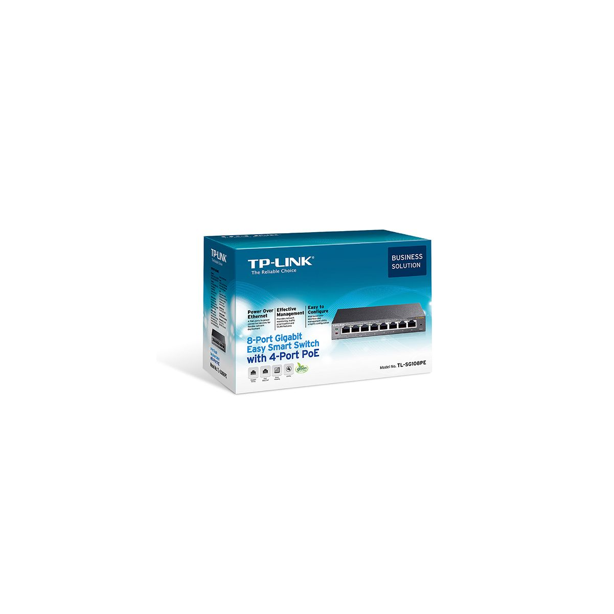 Pudełko TP-Link 8-portowy Gigabit Easy Smart Switch z 4-port PoE, na białym tle.