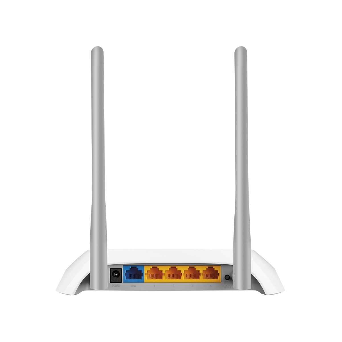 Biały router z dwiema szarymi antenami i portami Ethernet z tyłu.