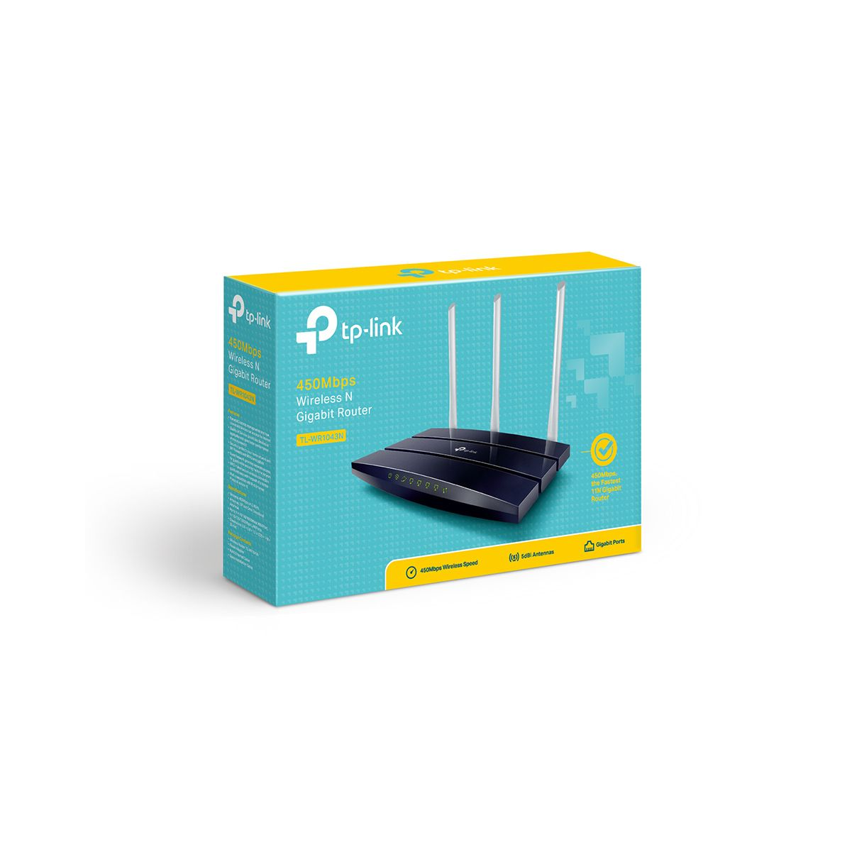 Niebiesko-białe pudełko routera bezprzewodowego z trzema antenami i logo tp-link.