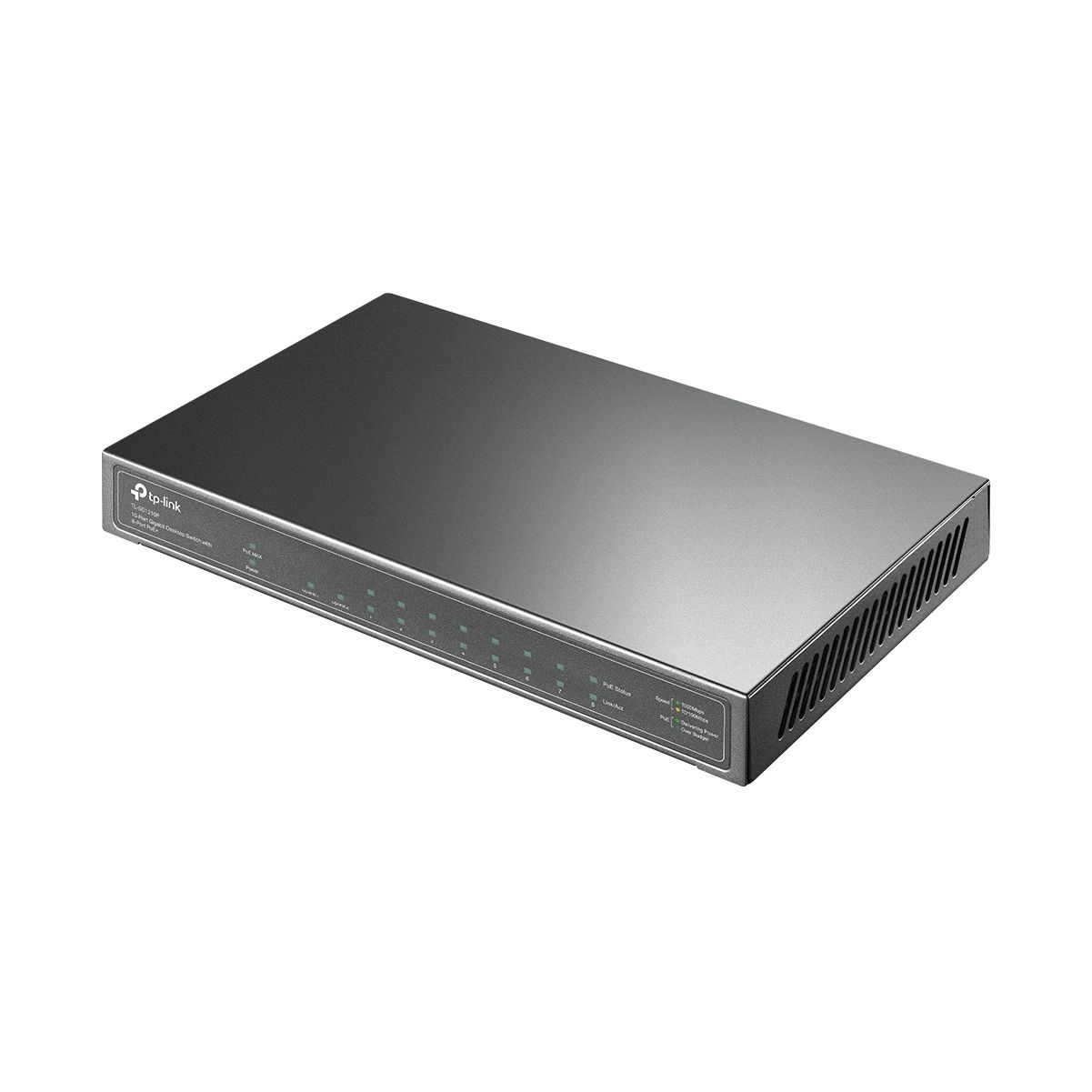 Czarny przełącznik sieciowy, widok pod kątem, z etykietami portów.