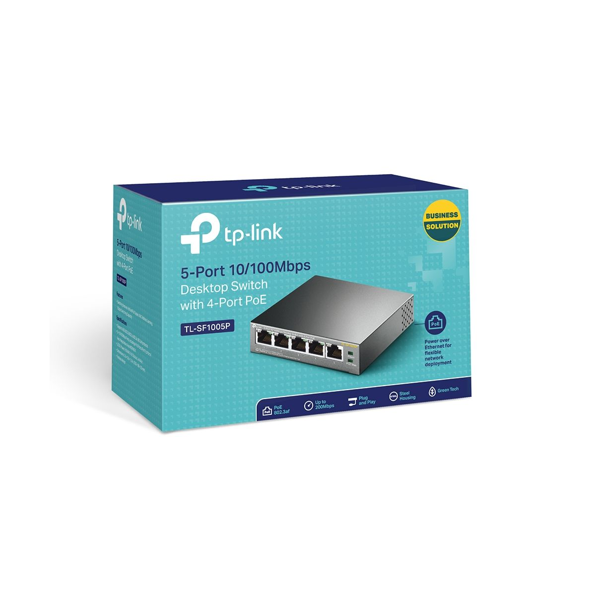 Een blauw-witte doos van een tp-link 5-poorts desktop switch met PoE, met het product en de functies.