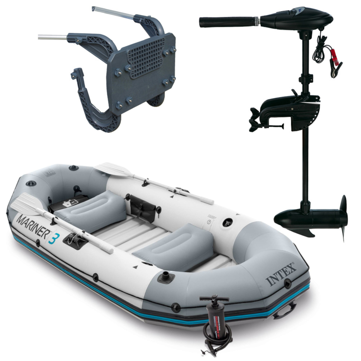 Schlauchboot, Trolling-Motor und Halterung. Weißer Hintergrund.