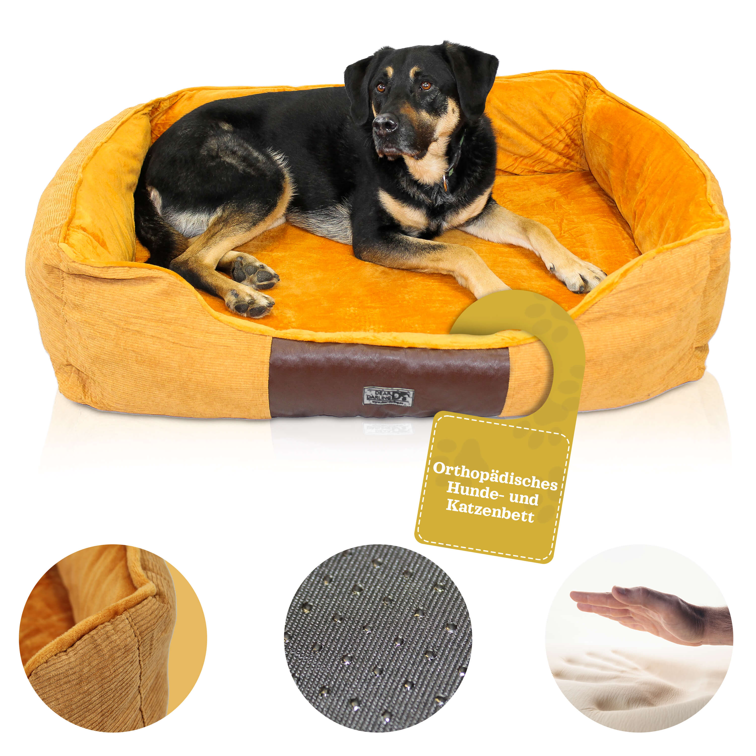 Hund in einem gelben Hundebett mit braunem Lederfleck. Eine Grafik zeigt Details.