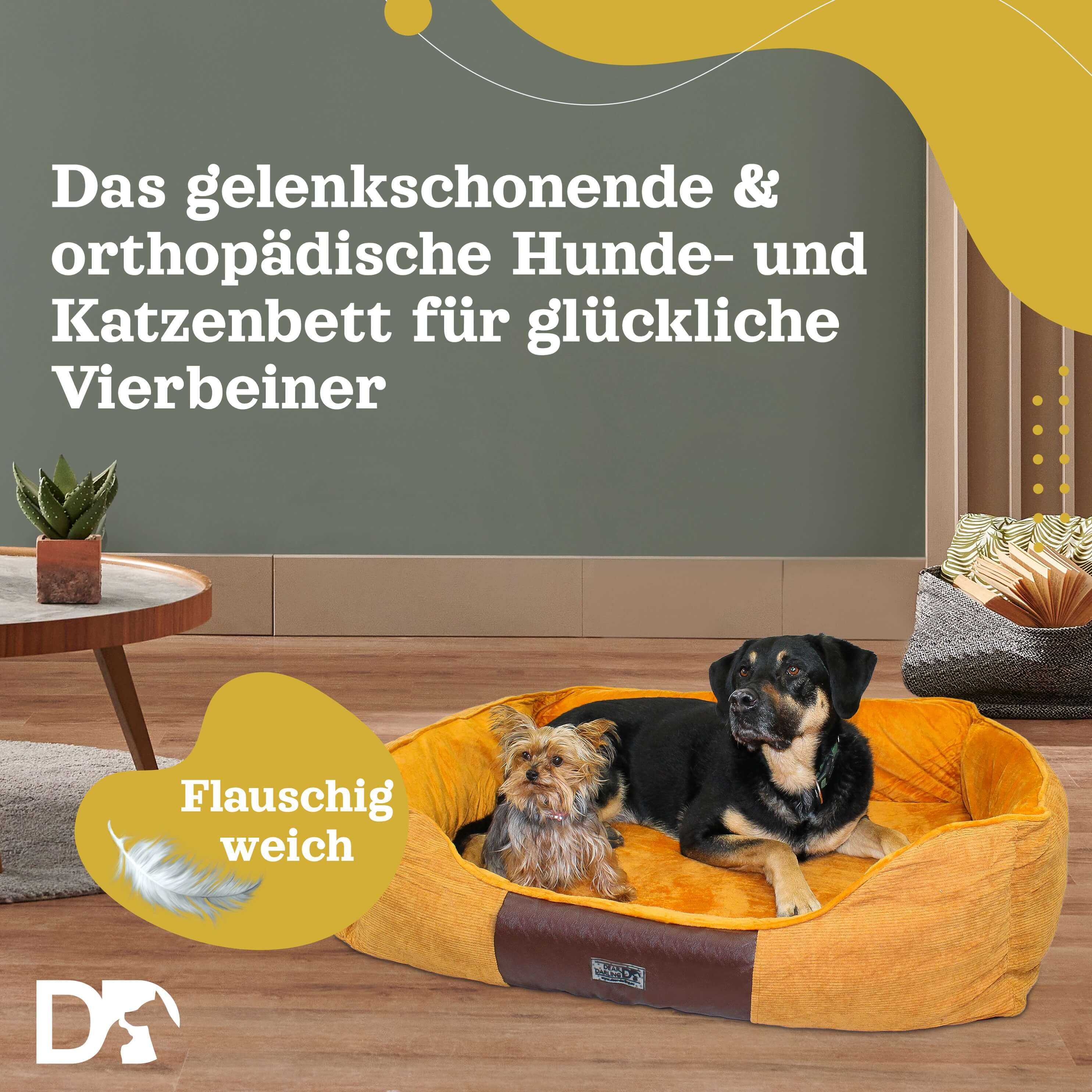 Zwei Hunde in einem Hundebett. Das Bett ist orange und braun. Eine Pflanze steht in der Ecke.