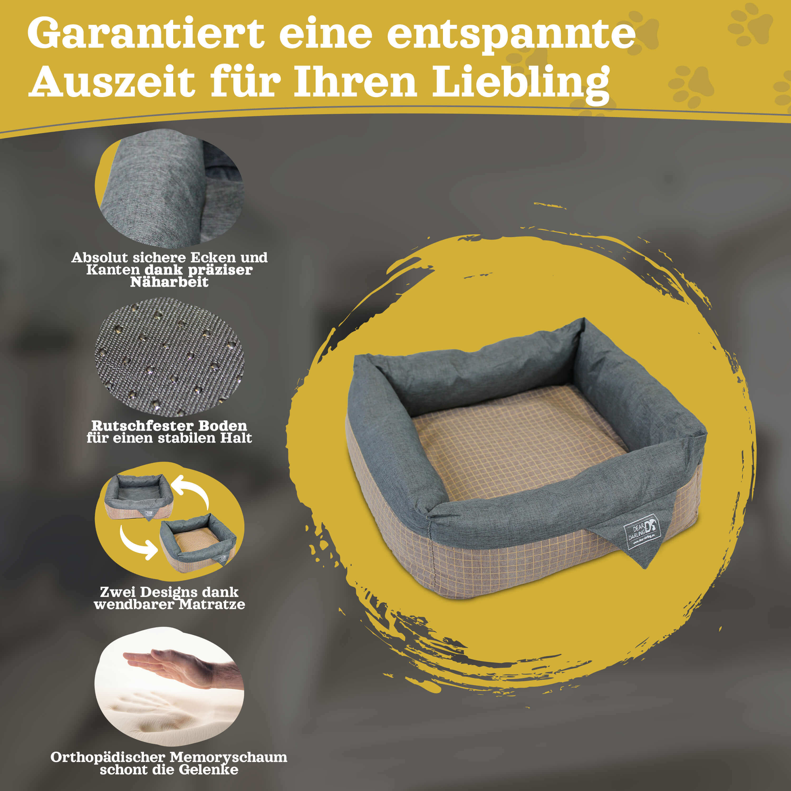 Hundebett in Grau und Braun. Text hebt sichere Ecken, rutschfesten Boden und Wendbarkeit hervor.