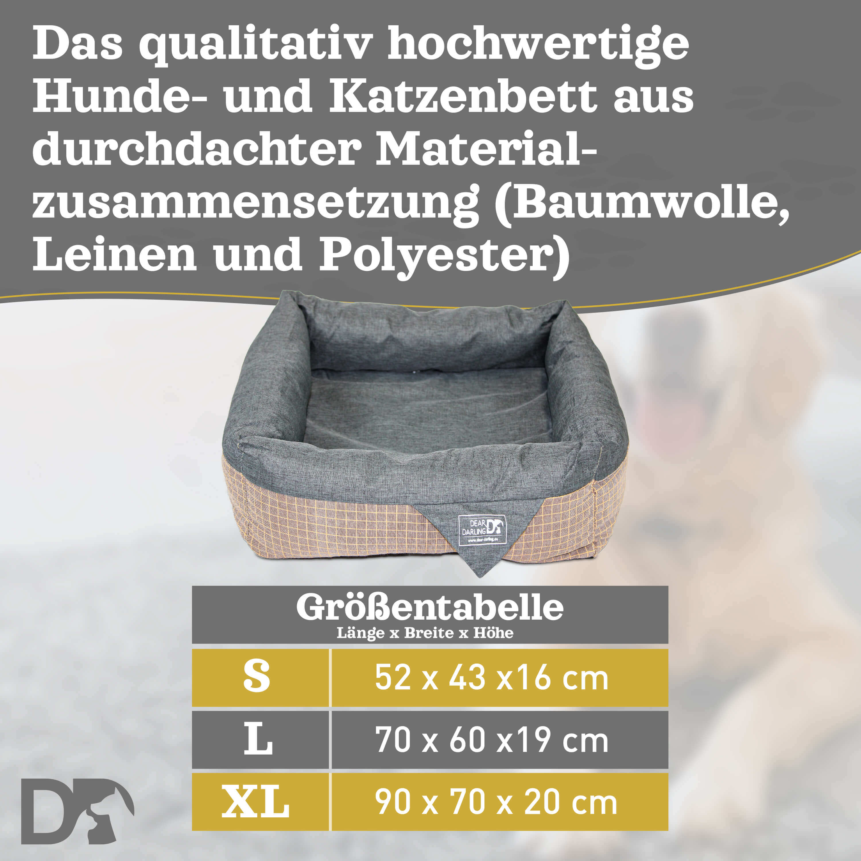 Ein Hundebett mit grauem Oberteil und braunem Boden. Größen sind in einer Tabelle angegeben: S, L und XL.