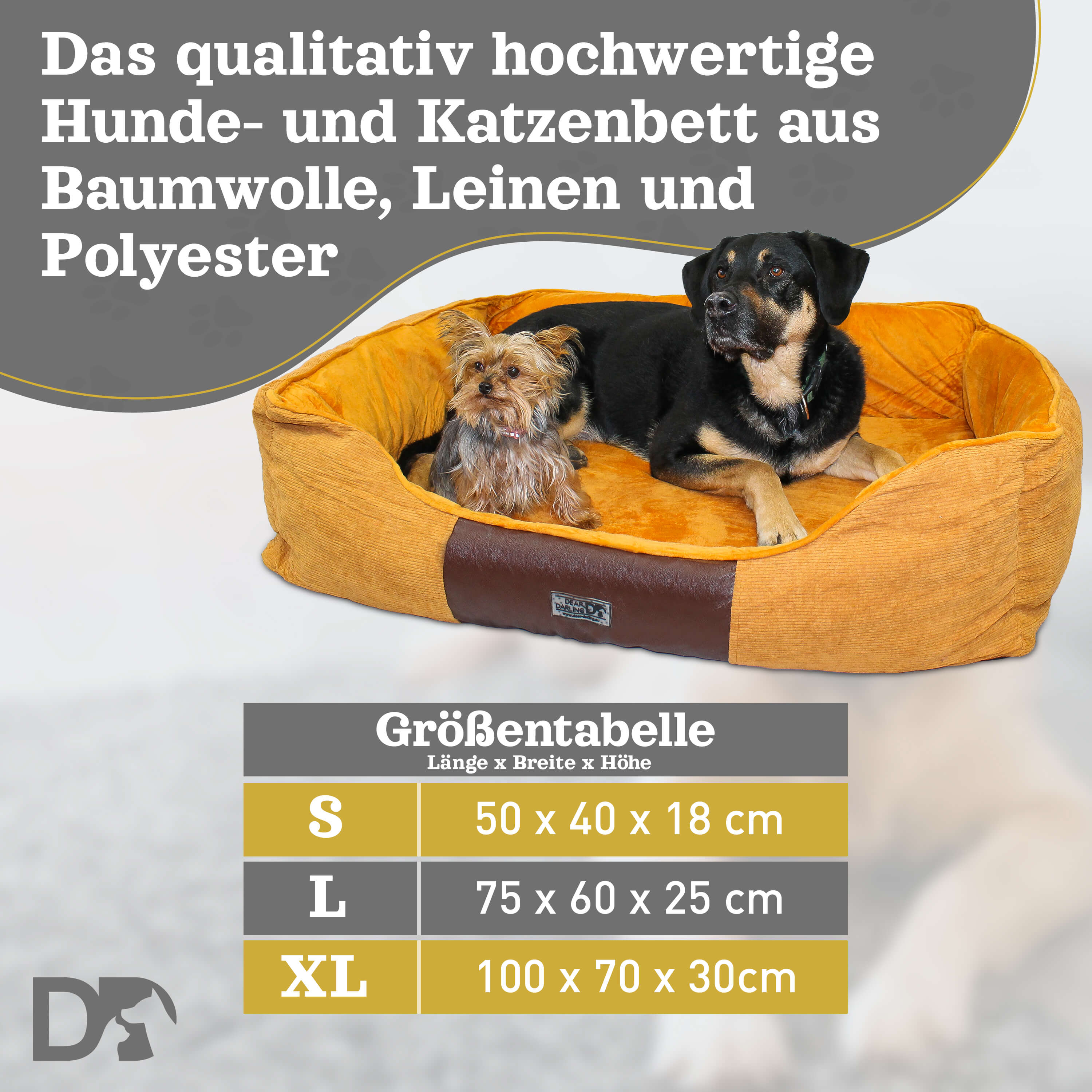 Hundebett, orange mit braunem Besatz, zwei Hunde darin, Größentabelle mit Maßen.