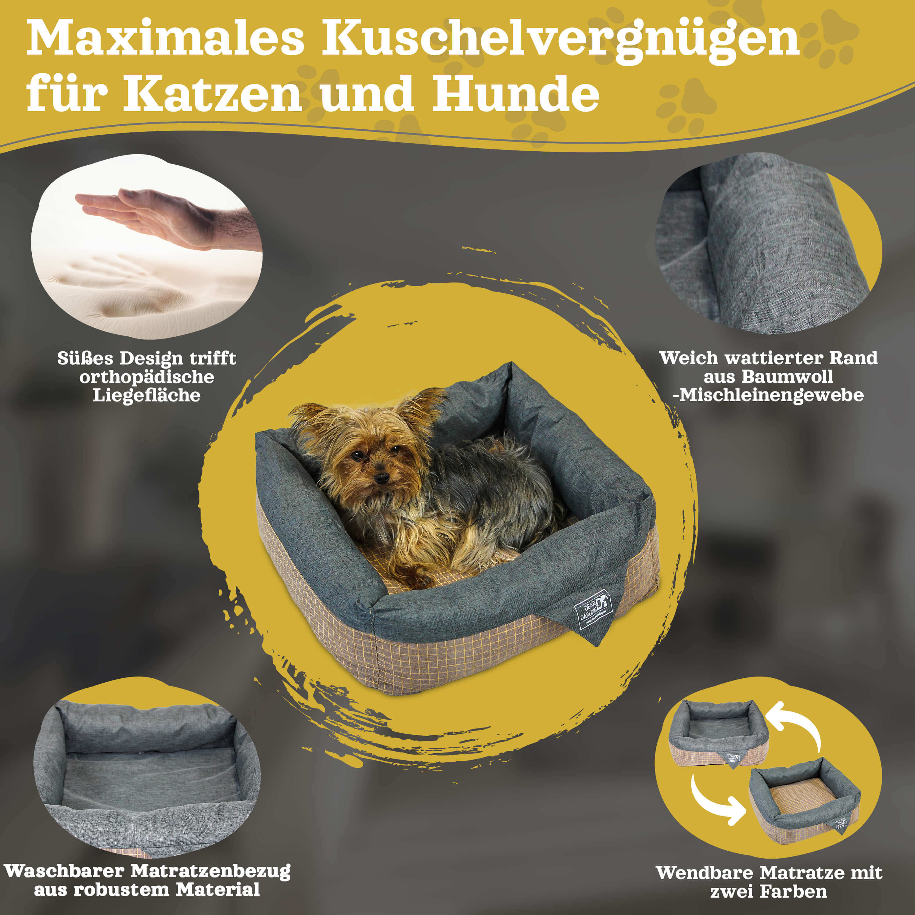 Ein Hund in einem Bett mit einer Wendematte. Details des Bettes und der Matte werden gezeigt.