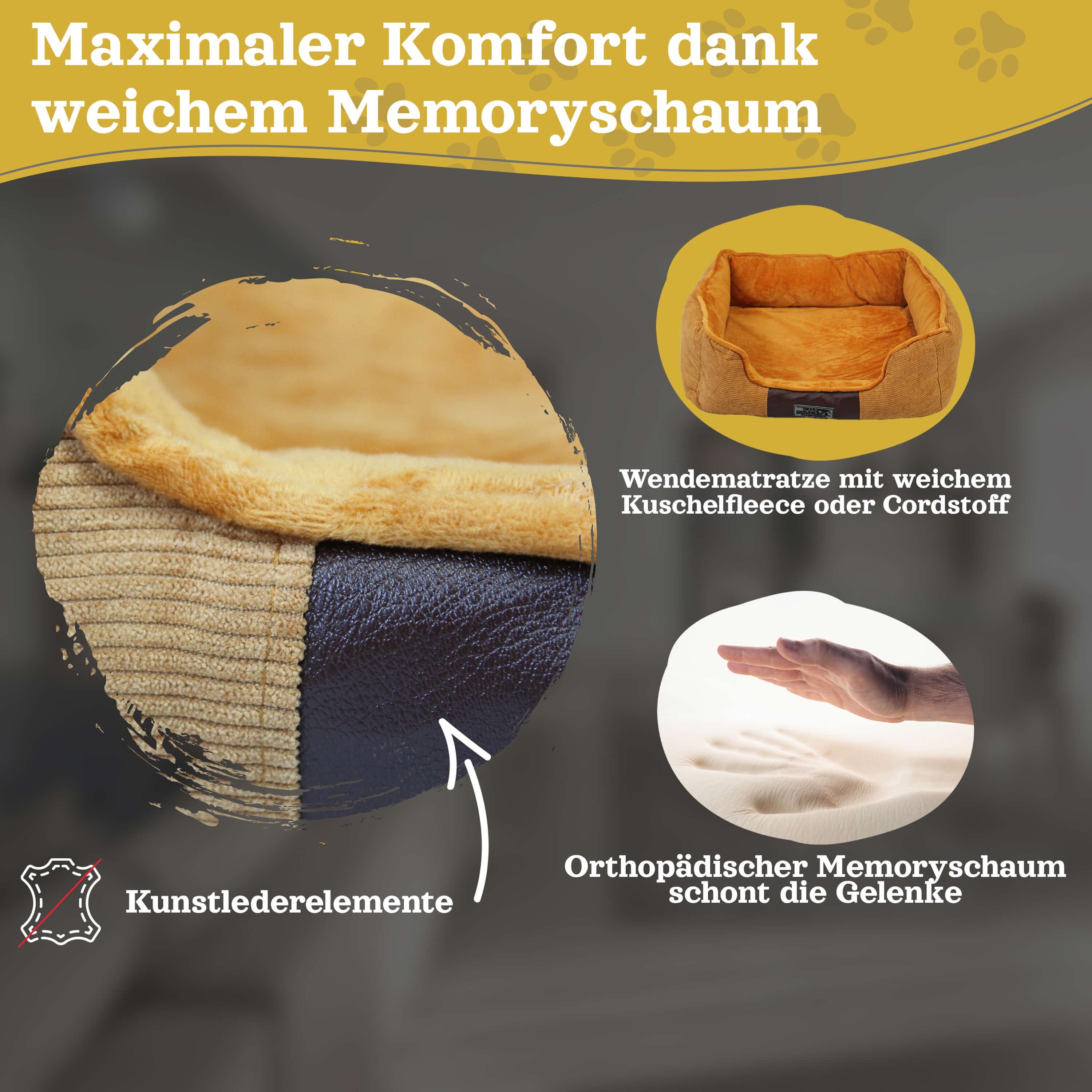 Hundebett mit Memory-Schaum. Zeigt Materialdetails und Hand berührt Schaum.