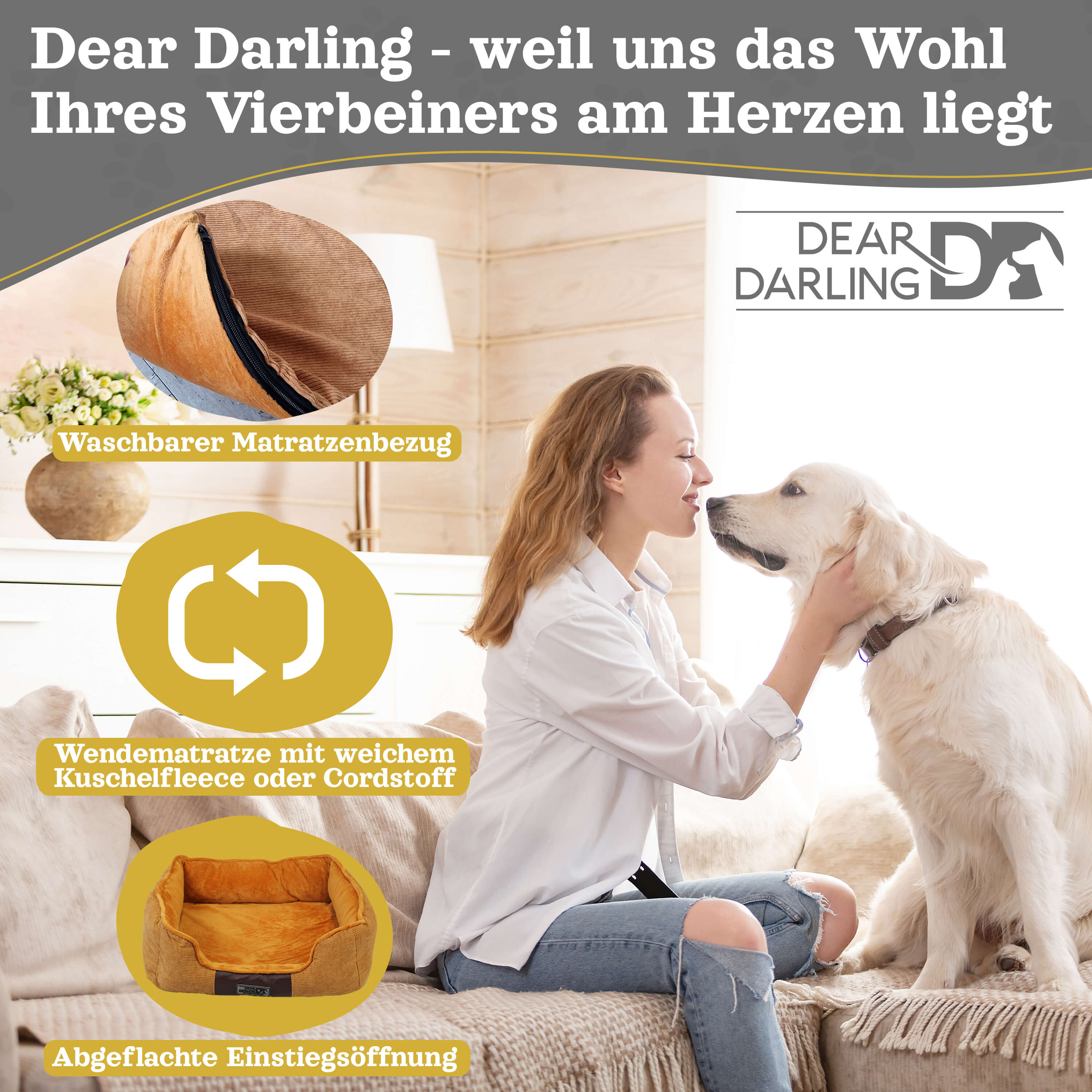 Eine Frau mit Hund. Ein Hundebett und Text zum Produkt sind ebenfalls sichtbar.
