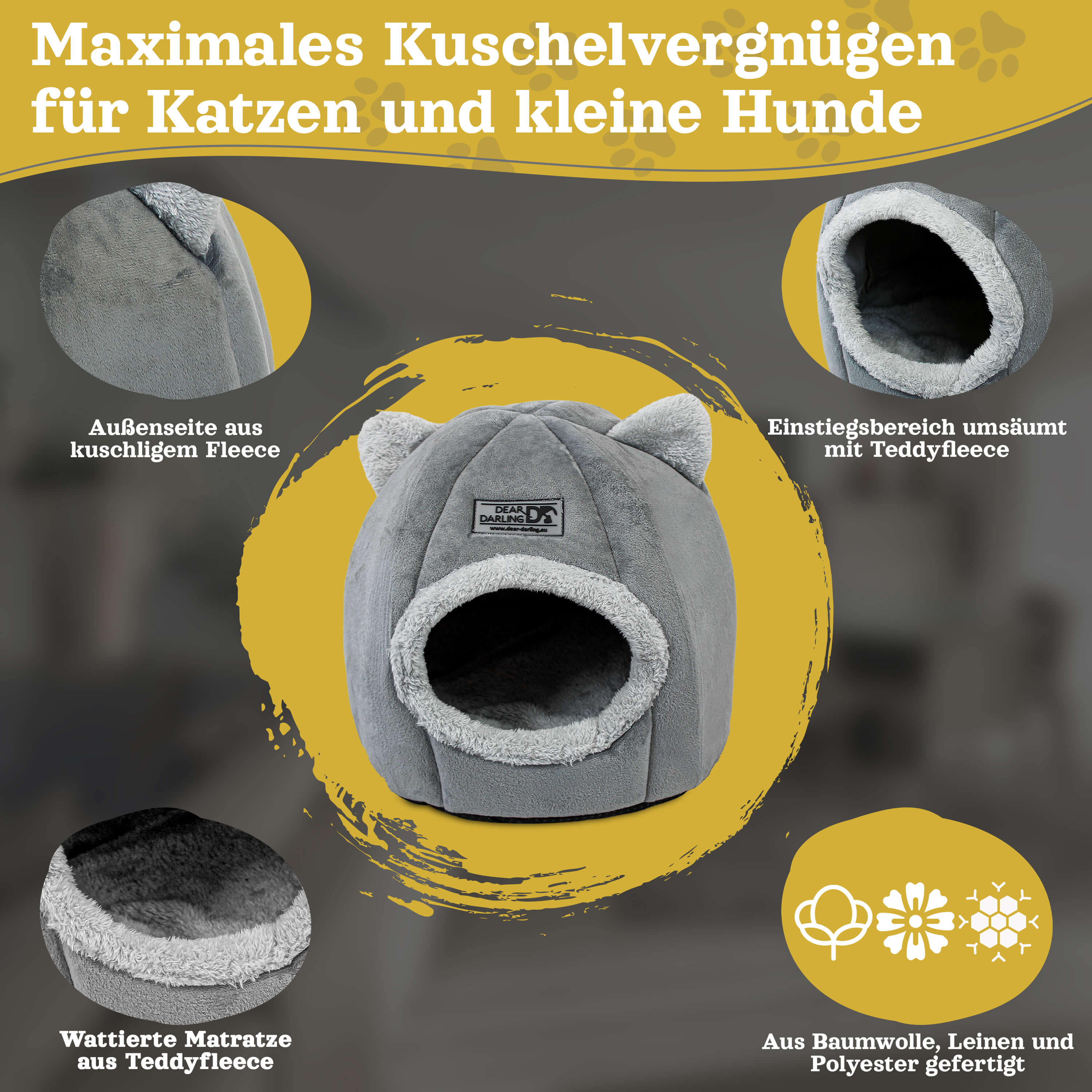 Graues Haustierbett mit Ohren. Text beschreibt die Merkmale. Für Katzen und kleine Hunde.
