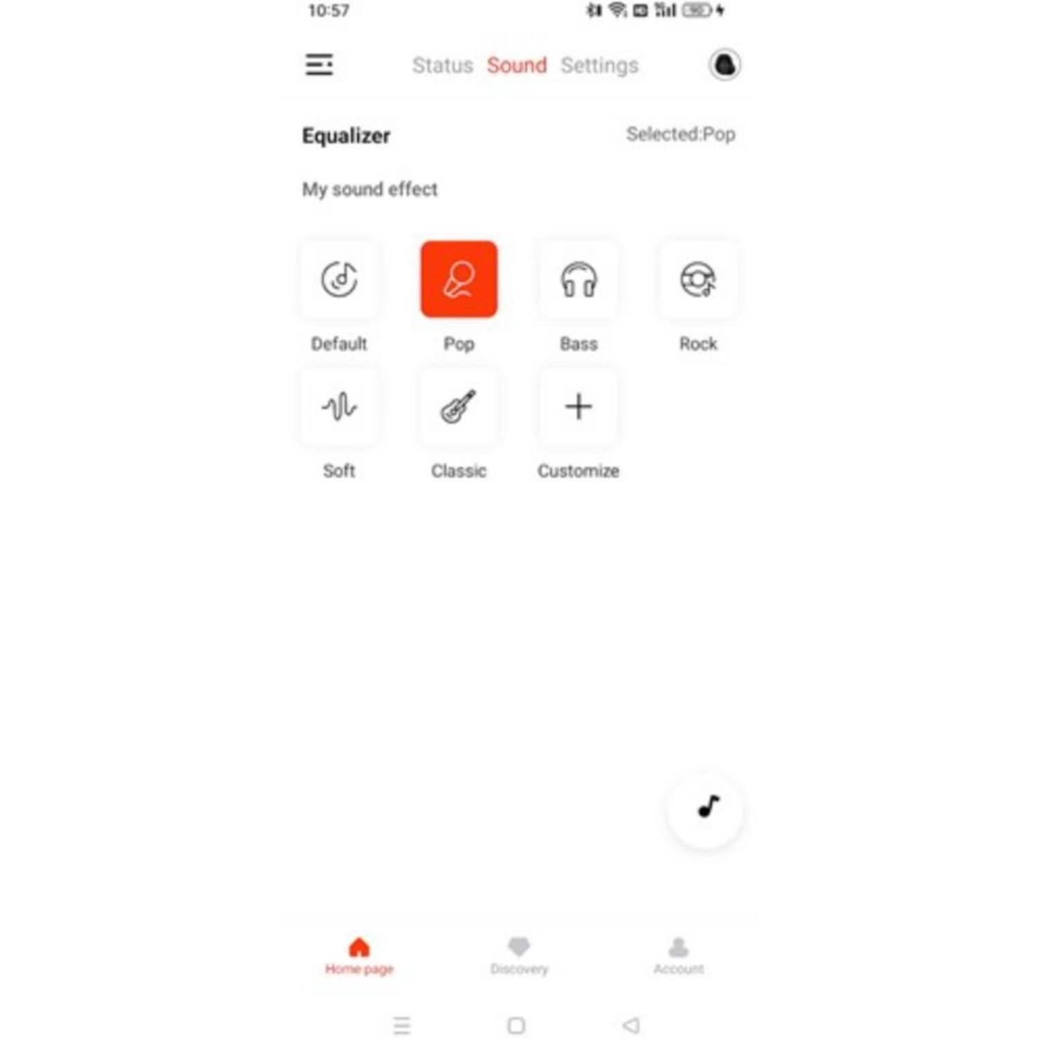 Telefonbildschirm mit Equalizer-Einstellungen: Default, Pop, Bass, Rock, Soft, Classic, Customize.