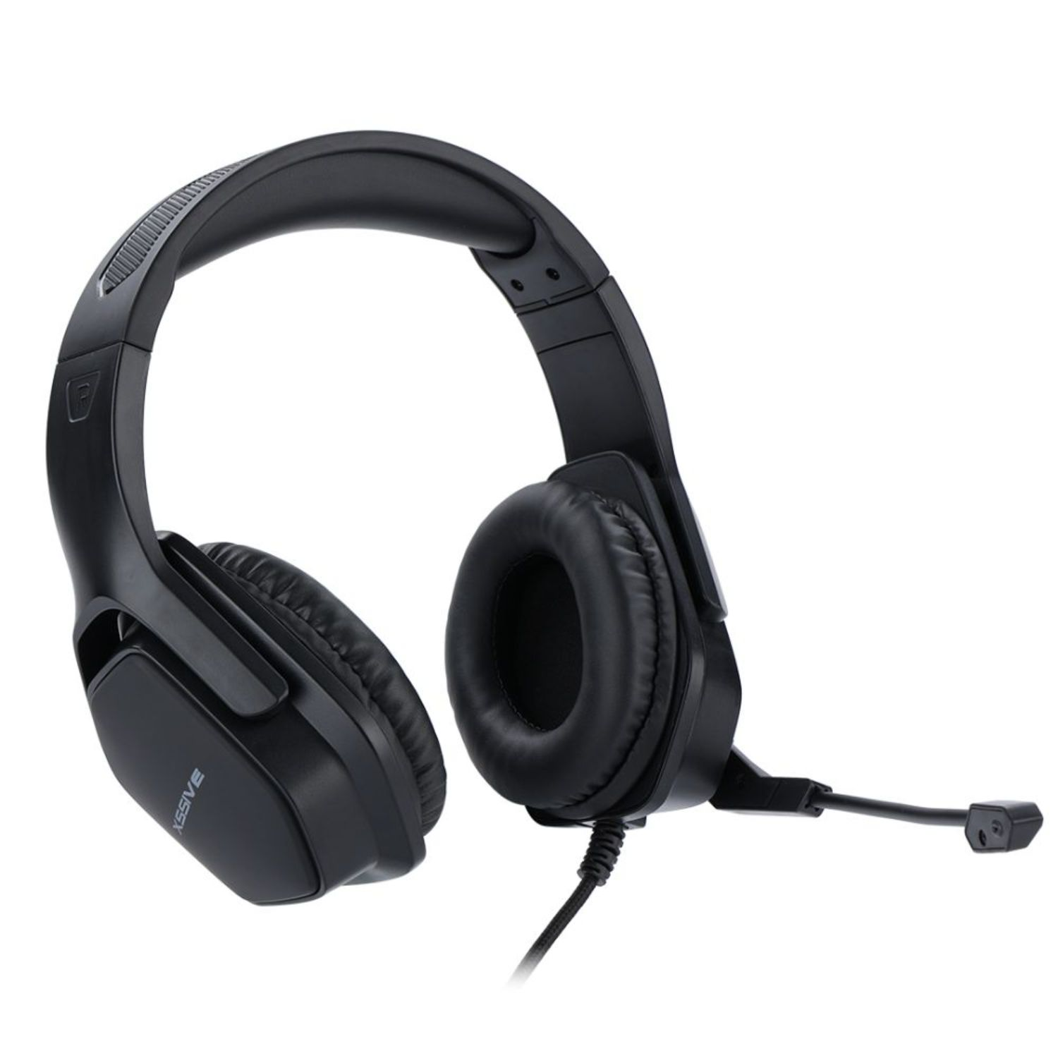 Schwarzes Headset mit Mikrofon. Das Headset befindet sich auf einer weißen Oberfläche. Der Hintergrund ist weiß.