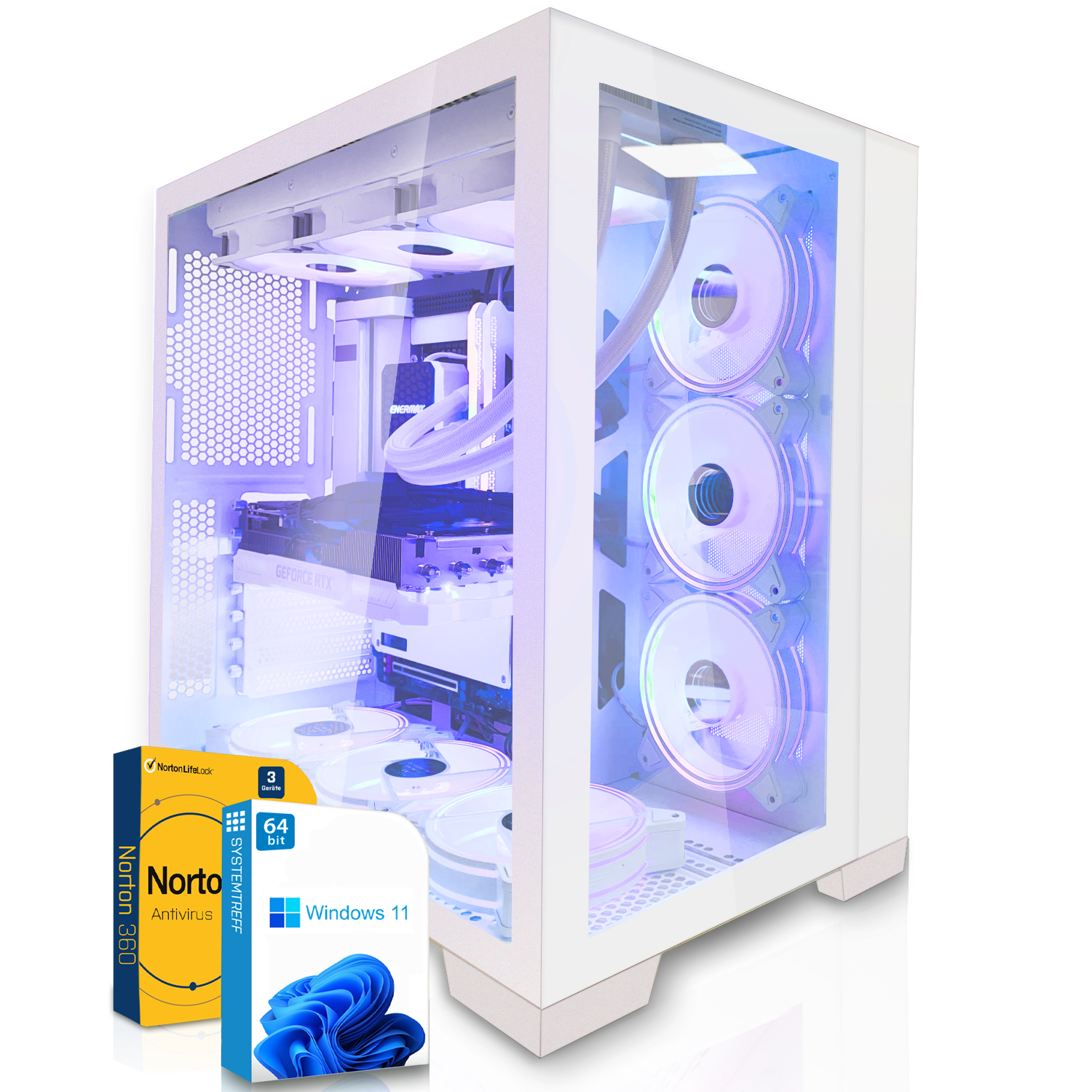 Weißes Computergehäuse mit blauen und lila Lichtern, Software-Box.