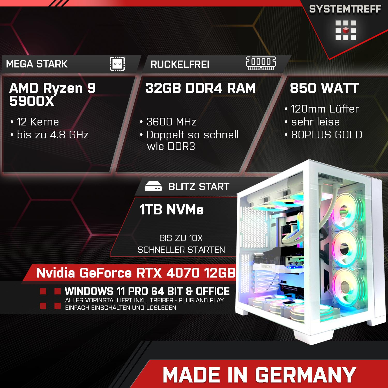 AMD Prozessor, GB GB mSSD, High-End 11 1000 GeForce Gaming SYSTEMTREFF AMD Pro, Gaming RTX™ 9 4070 mit 32 5900X, Ryzen NVIDIA Windows PC Ryzen™ RAM, 9