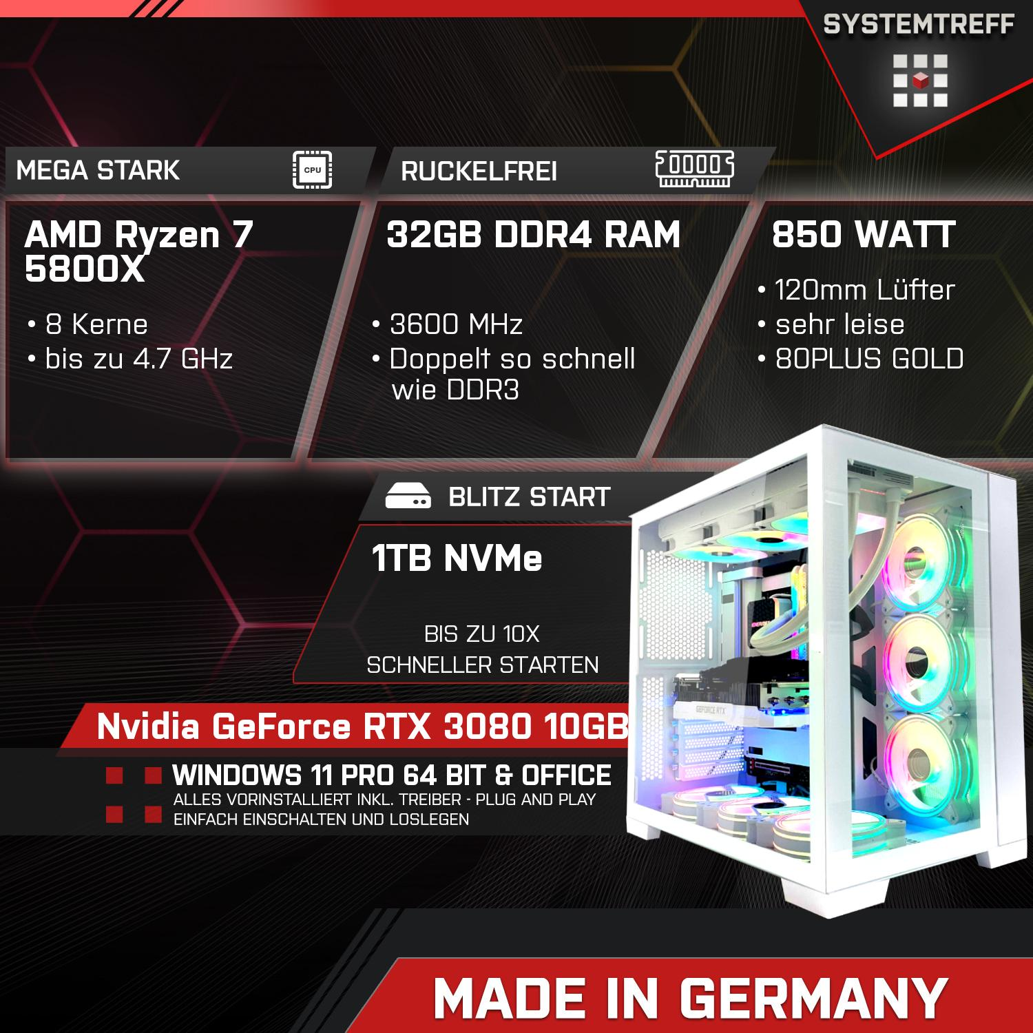 PC RAM, Pro, Prozessor, AMD mit NVIDIA SYSTEMTREFF Gaming 5800X, RTX™ AMD High-End mSSD, 32 3080 Windows Ryzen 7 Gaming Ryzen™ 7 GB 1000 GB GeForce 11